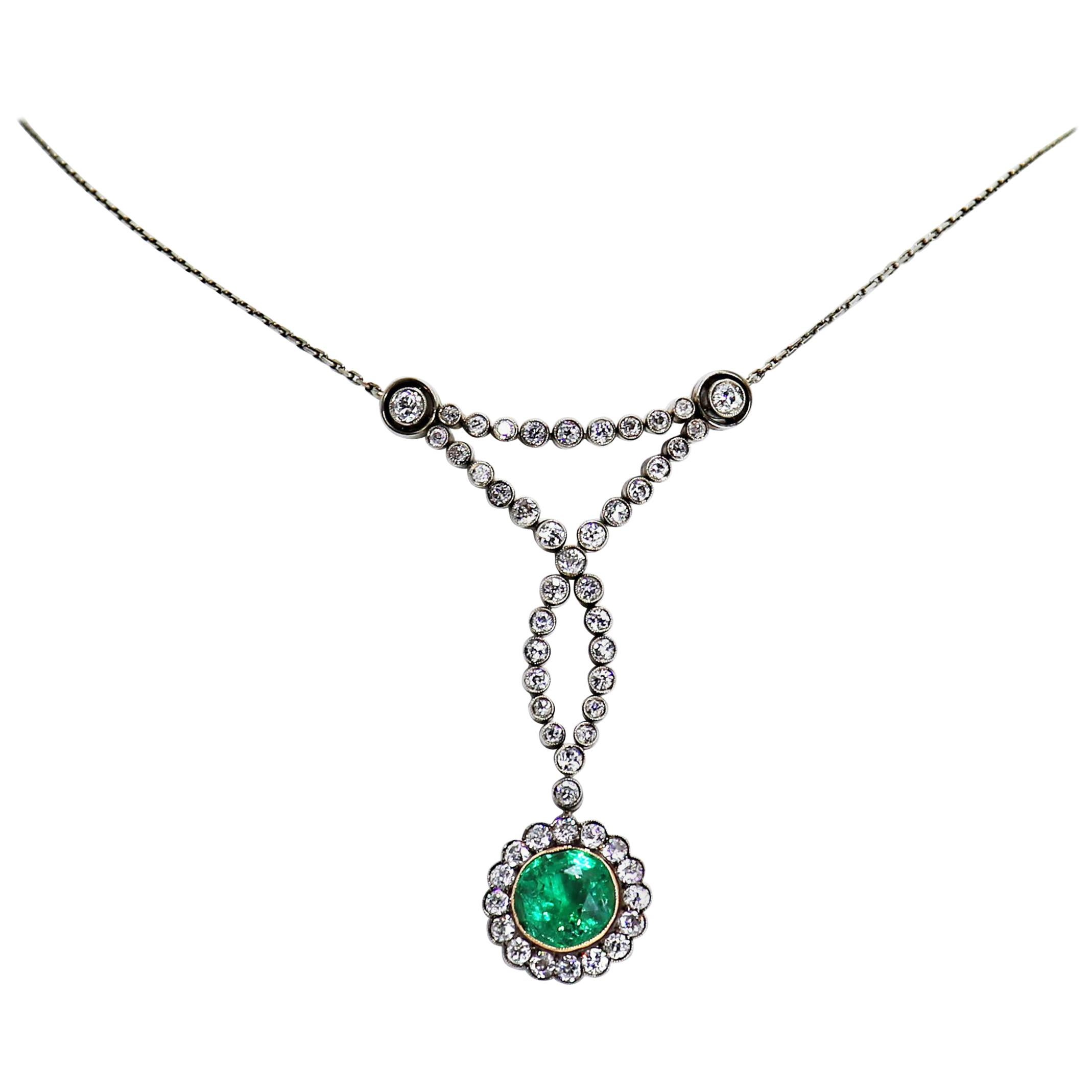 Antique Emerald and Old Cut Diamond Platinum and Gold Necklace, circa 1905 For Sale