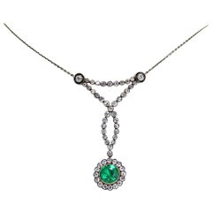 Antique Emerald and Old Cut Diamond Platinum and Gold Necklace, circa 1905