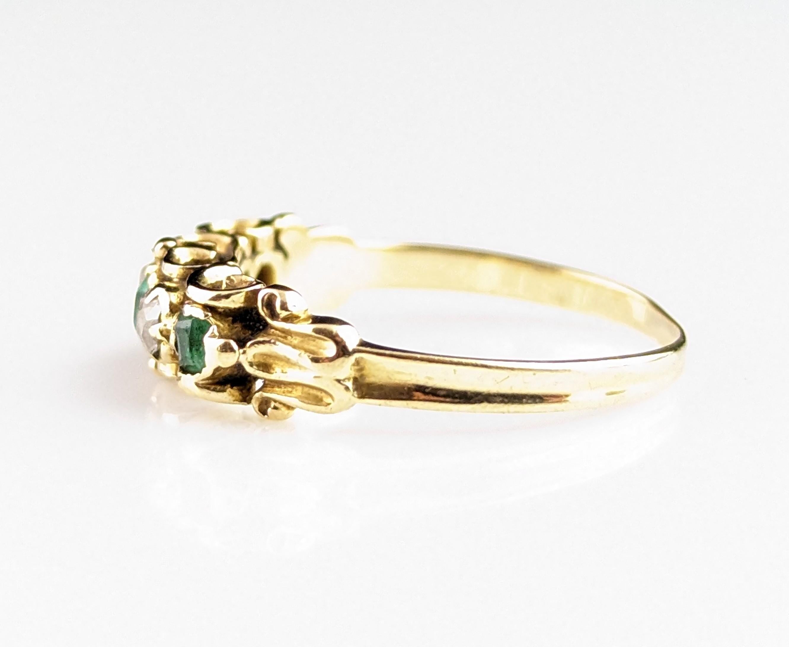 Antique Emerald and old cut diamond ring, 18k gold, Victorian five stone  5