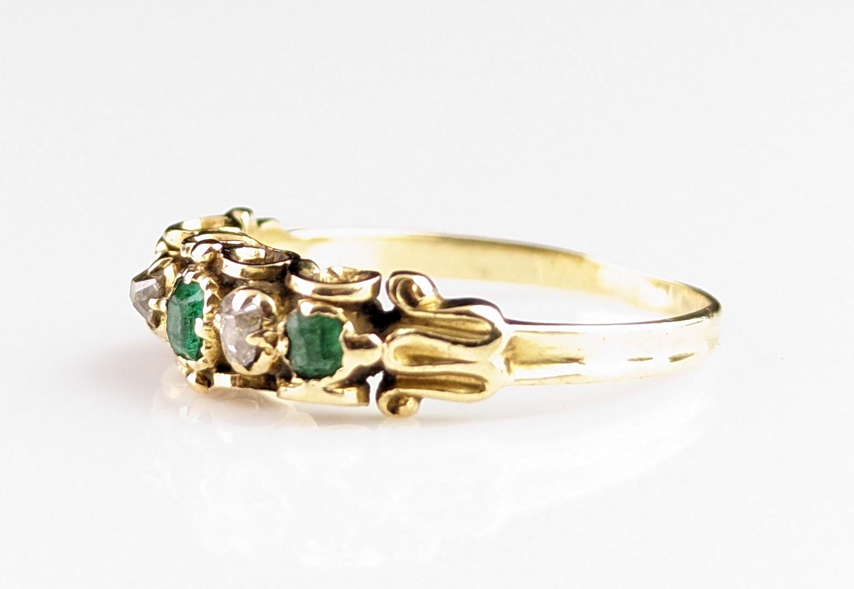Antique Emerald and old cut diamond ring, 18k gold, Victorian five stone  6