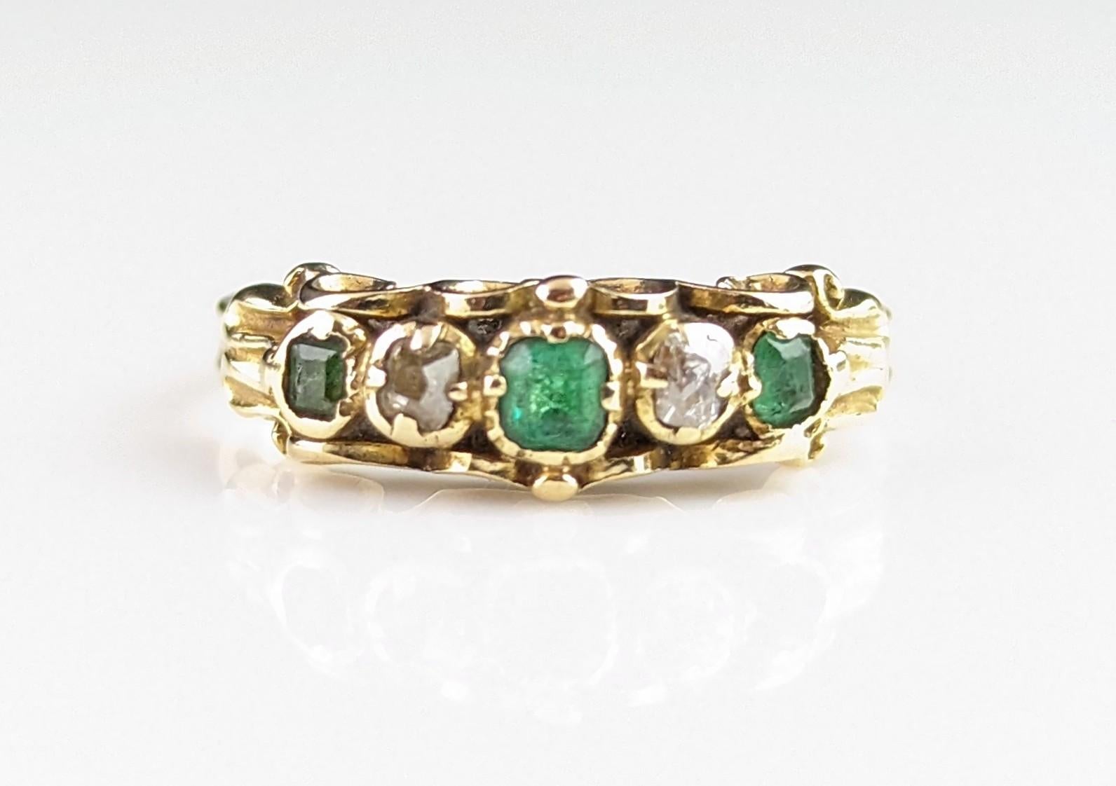Antique Emerald and old cut diamond ring, 18k gold, Victorian five stone  7