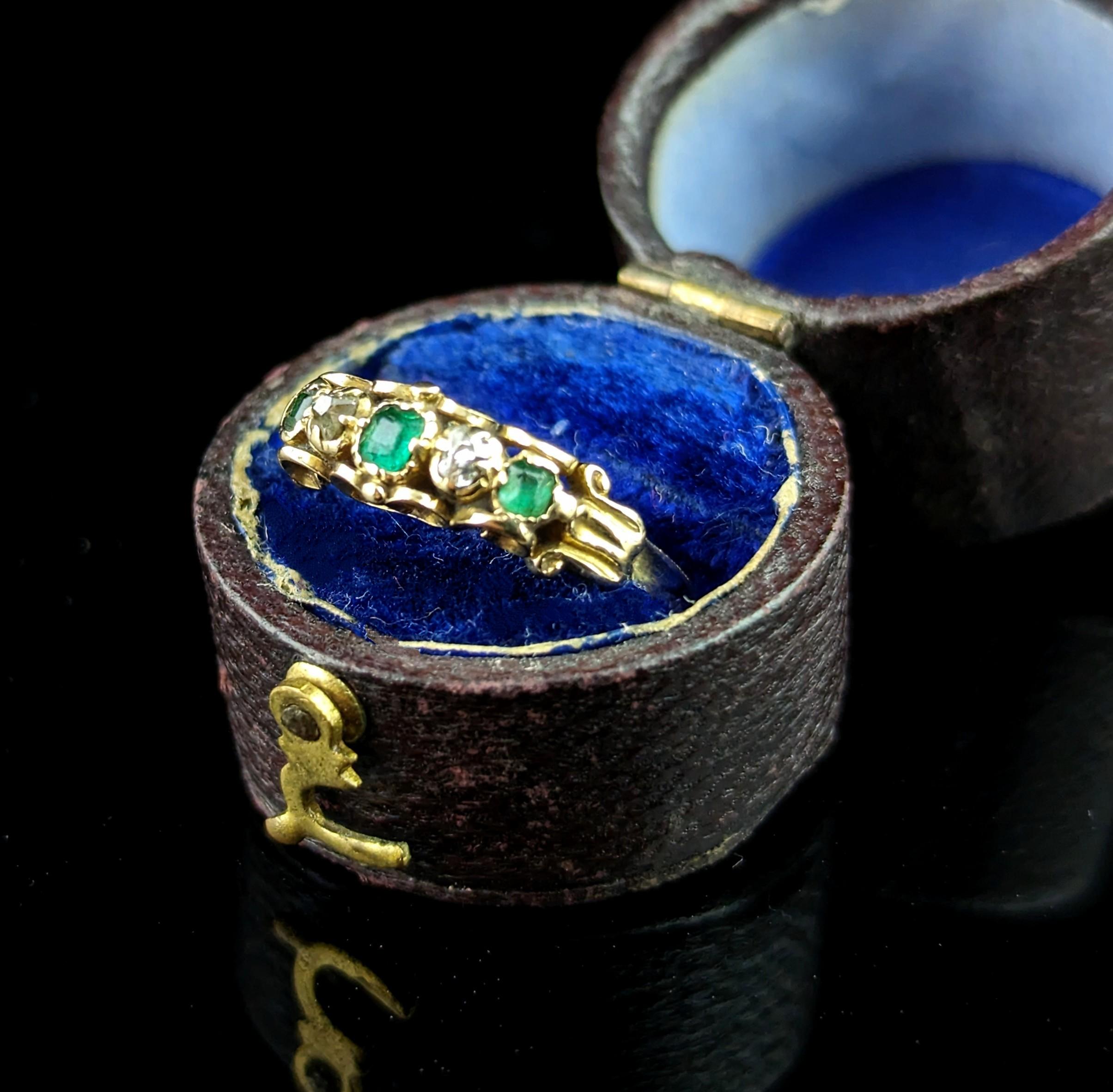 Emerald Cut Antique Emerald and old cut diamond ring, 18k gold, Victorian five stone 