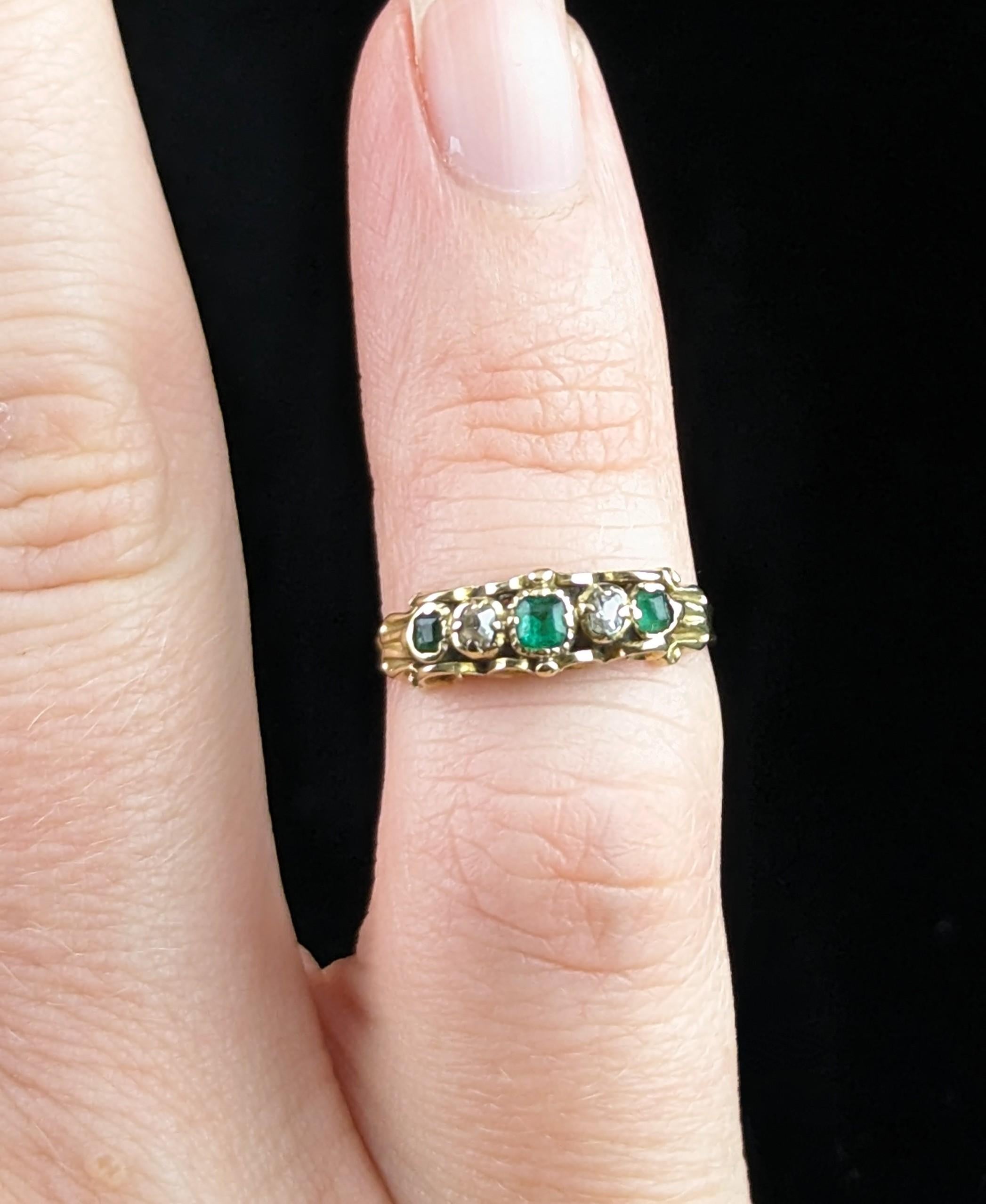 Antique Emerald and old cut diamond ring, 18k gold, Victorian five stone  1