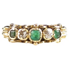 Antique Emerald and old cut diamond ring, 18k gold, Victorian five stone 