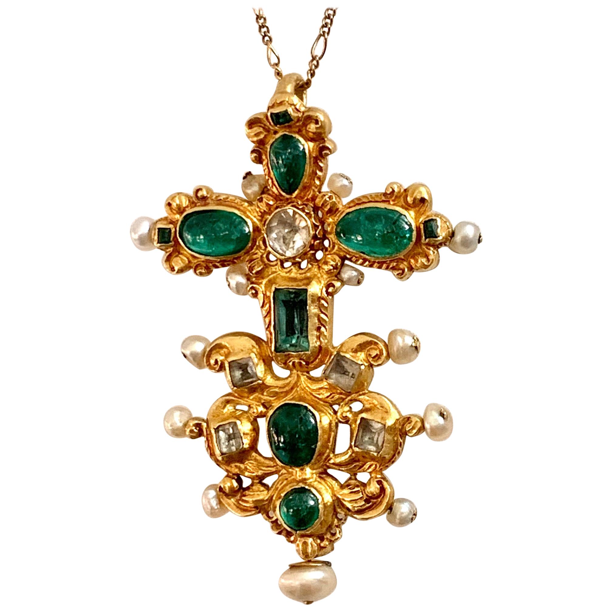 Antique Emerald and Pearl 22 Karat Yellow Gold Pendant