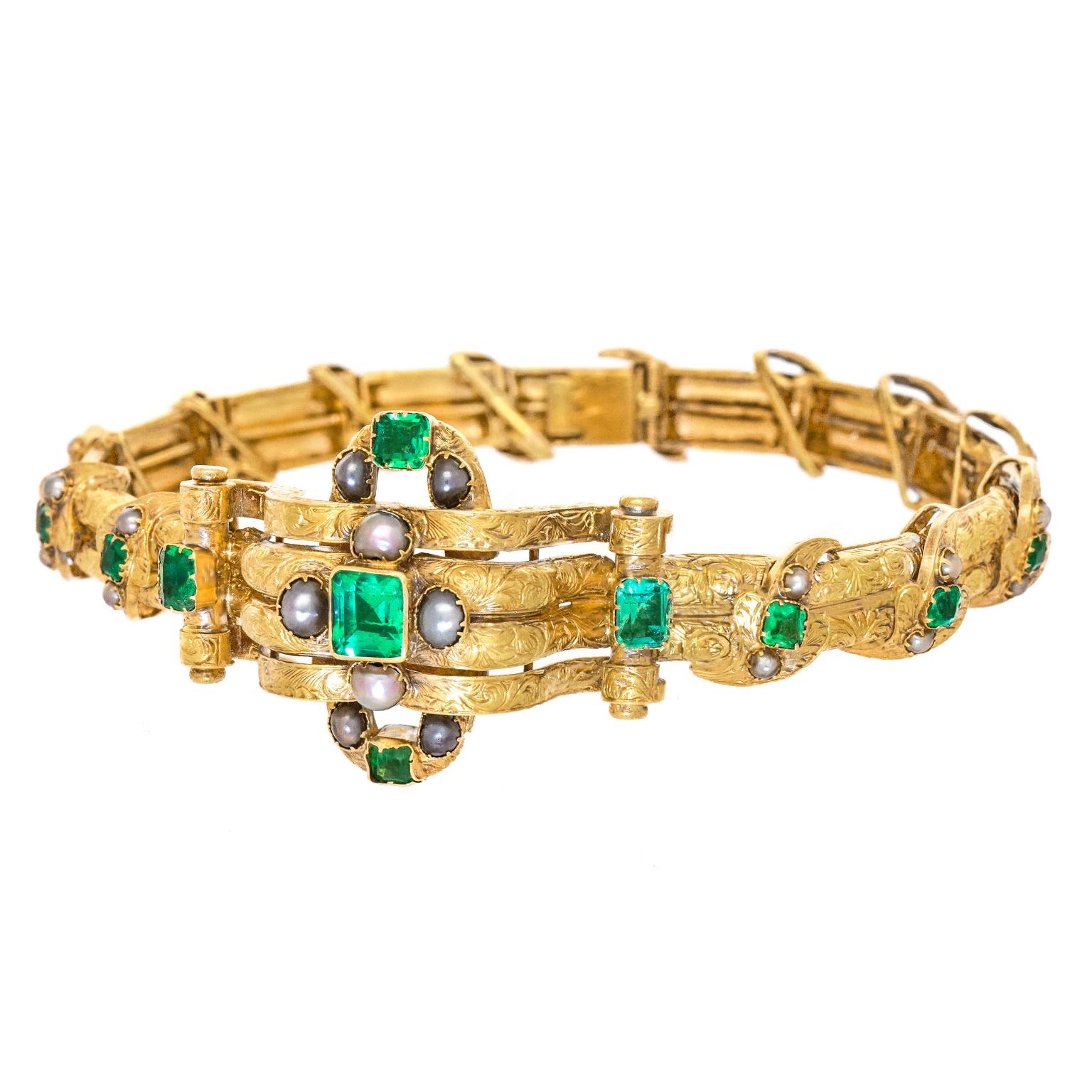Antikes Armband mit Smaragd und Perlen (Viktorianisch) im Angebot
