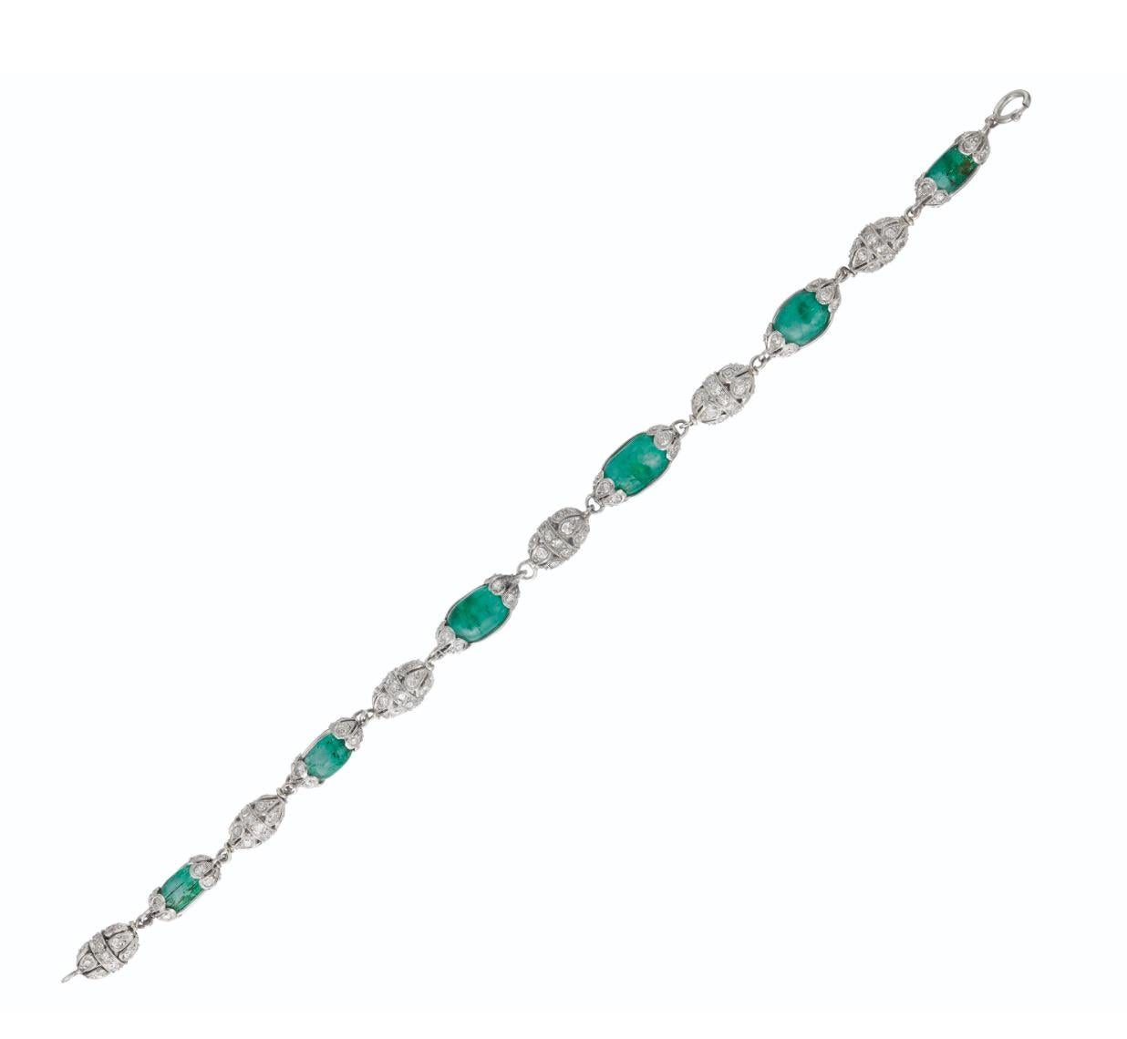 Art Deco Antique Emerald Bead and Diamond Bracelet In Excellent Condition For Sale In New York, NY