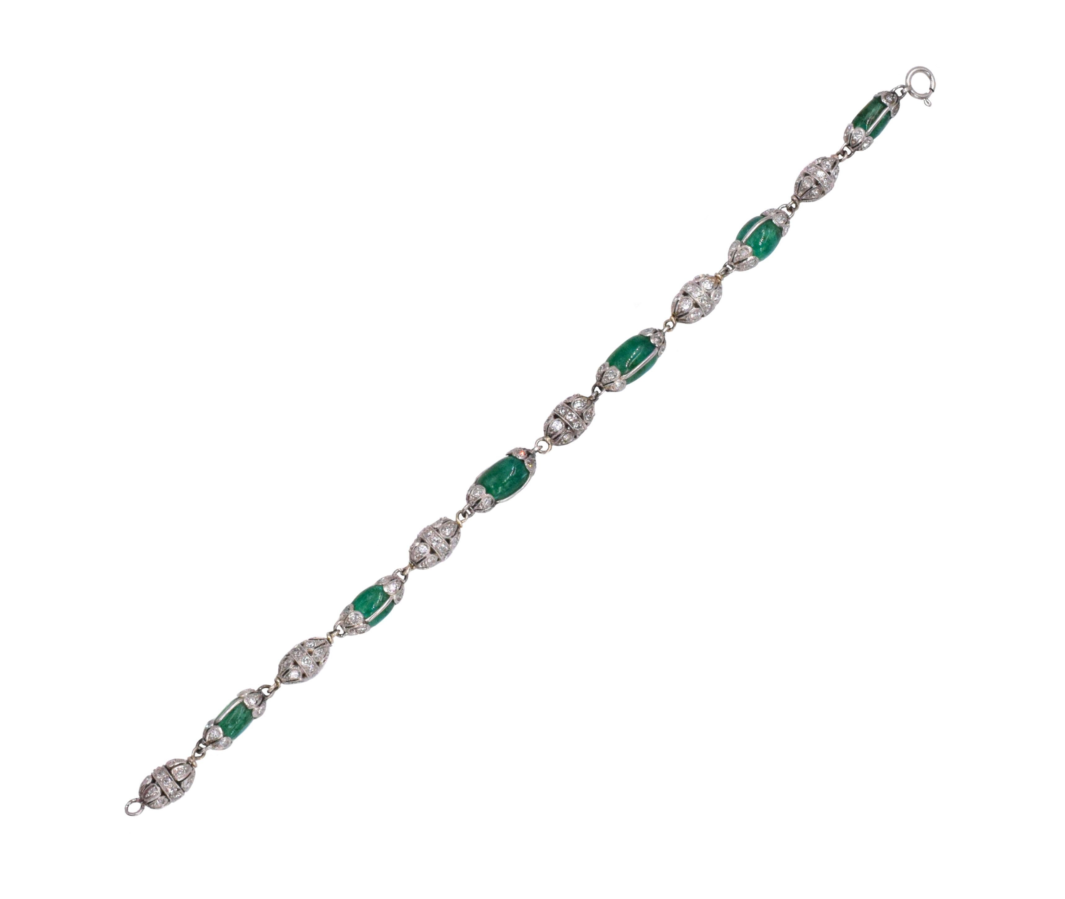 Women's Art Deco Antique Emerald Bead and Diamond Bracelet For Sale