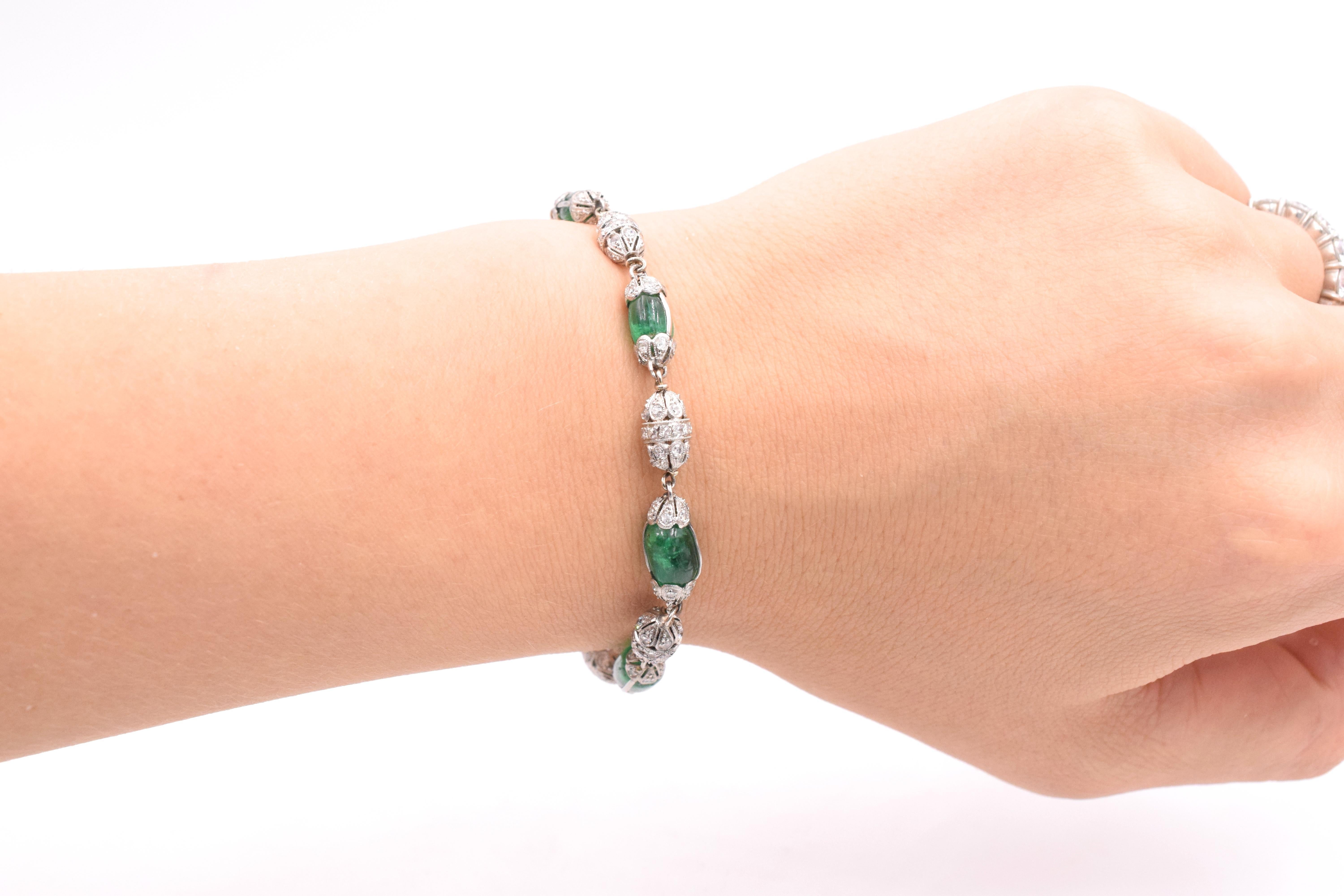 Oval Cut Art Deco Antique Emerald Bead and Diamond Bracelet For Sale