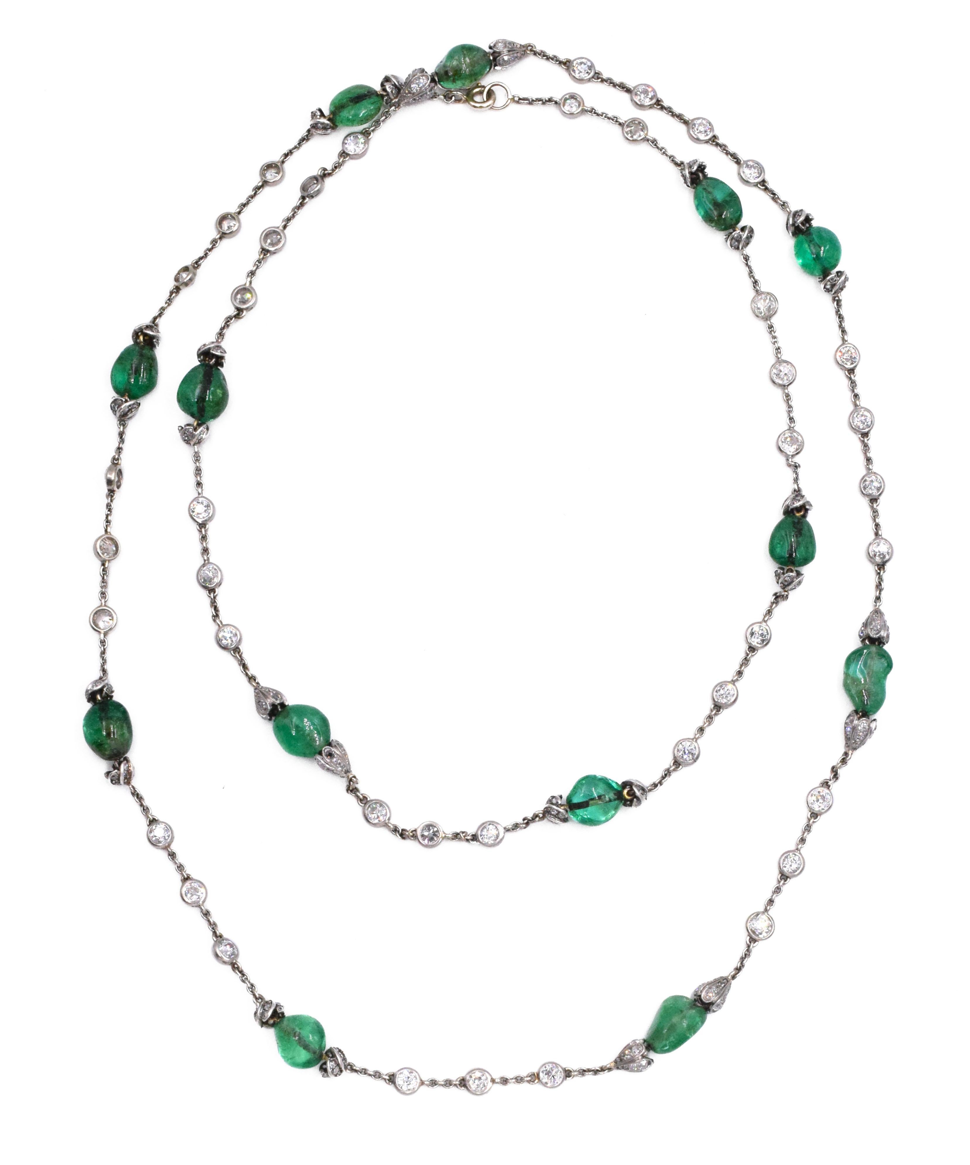 Art Deco Antique Emerald Bead and Diamond Necklace, French