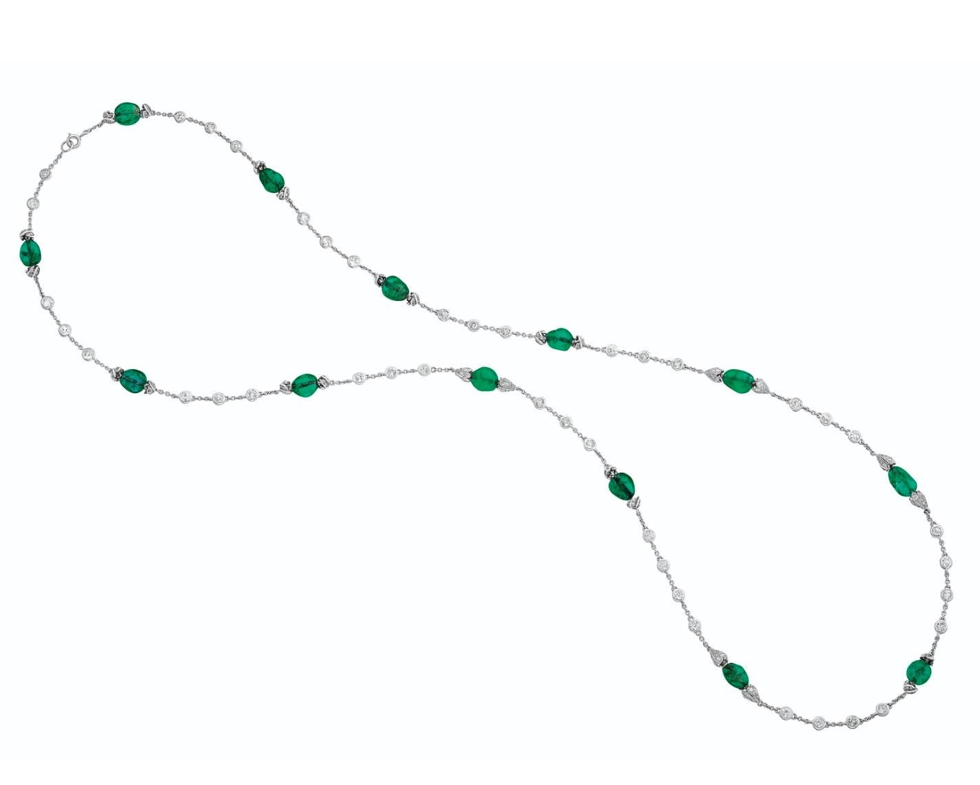 Round Cut Antique Emerald Bead and Diamond Necklace, French