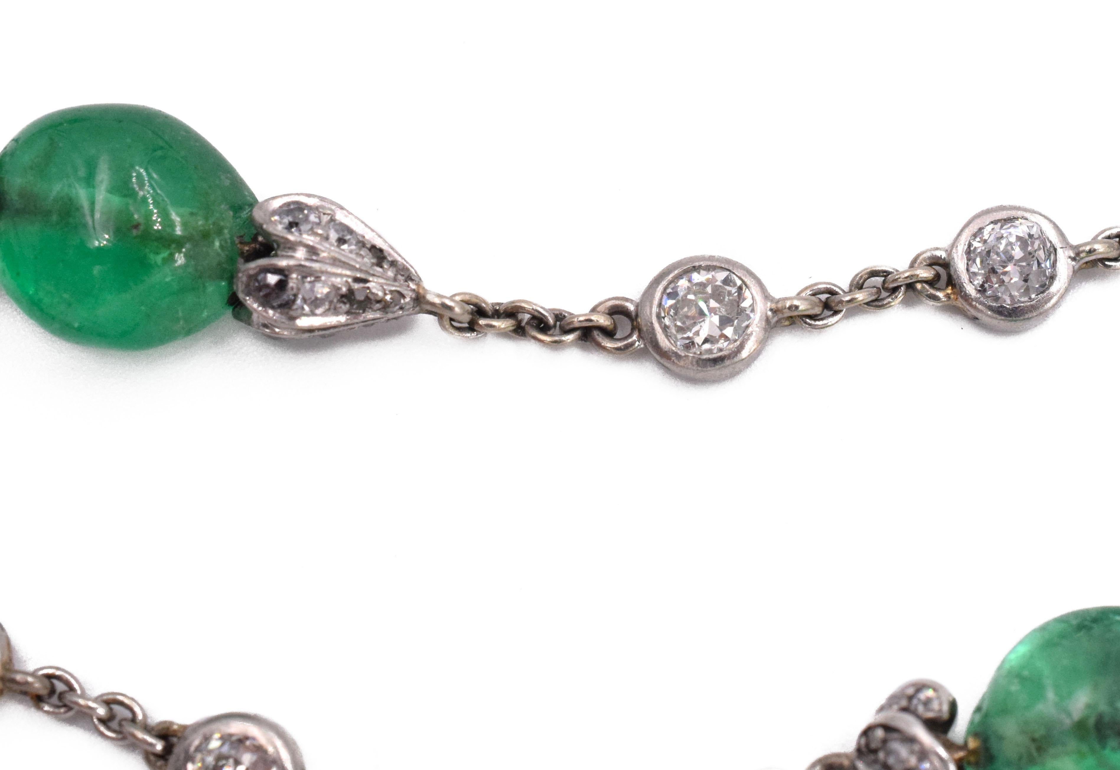Women's or Men's Antique Emerald Bead and Diamond Necklace, French