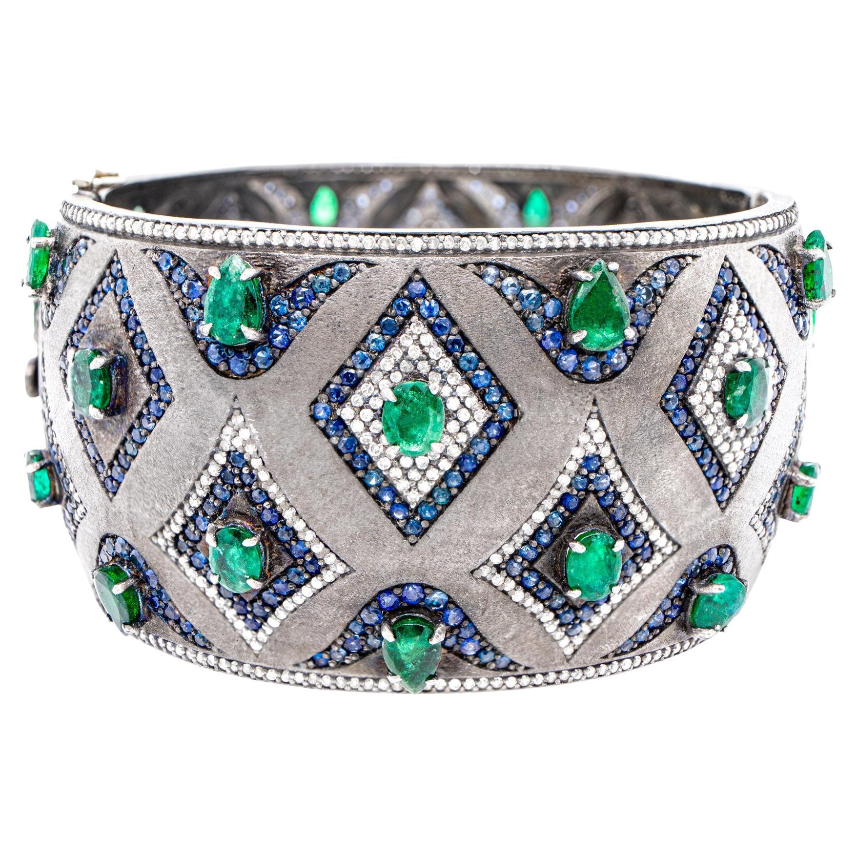 Antique Emerald Bracelet with Diamonds & Sapphires 26 Carats 18K Gold S Silver