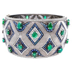 Vintage Emerald Bracelet with Diamonds & Sapphires 26 Carats 18K Gold S Silver