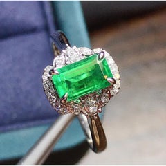 Antique 2 Carat Untreated Colombian Elongated Emerald Diamond Engagement Ring
