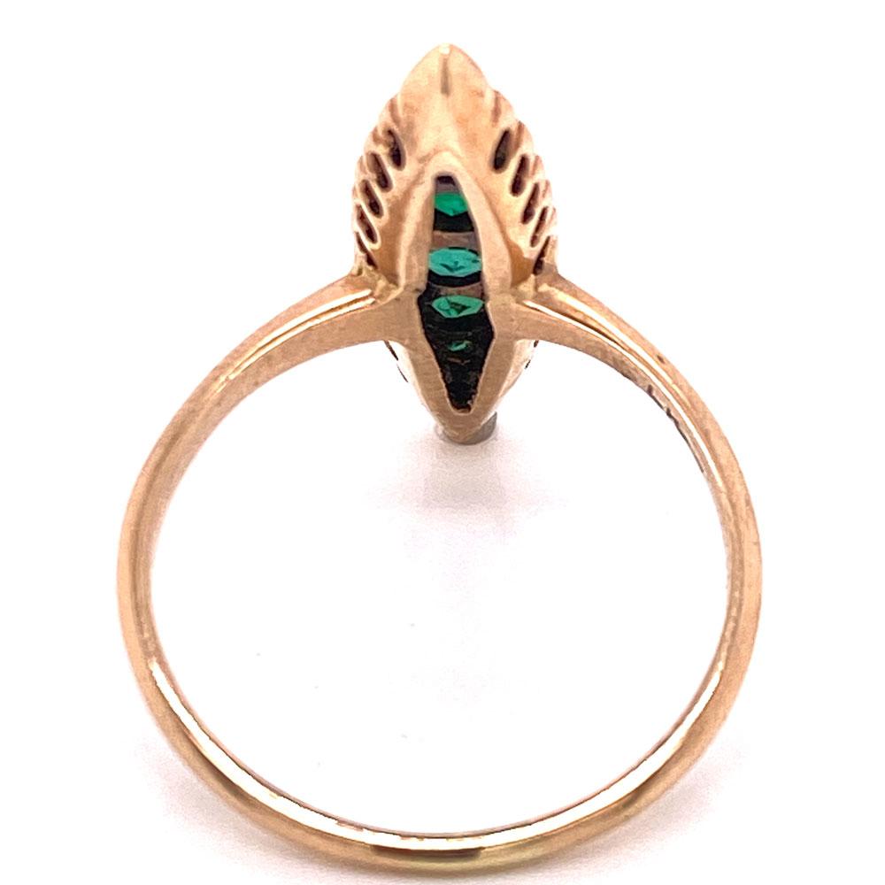 Antique Emerald Diamond 14 Karat Yellow Gold Navette Ring In Good Condition In Boca Raton, FL