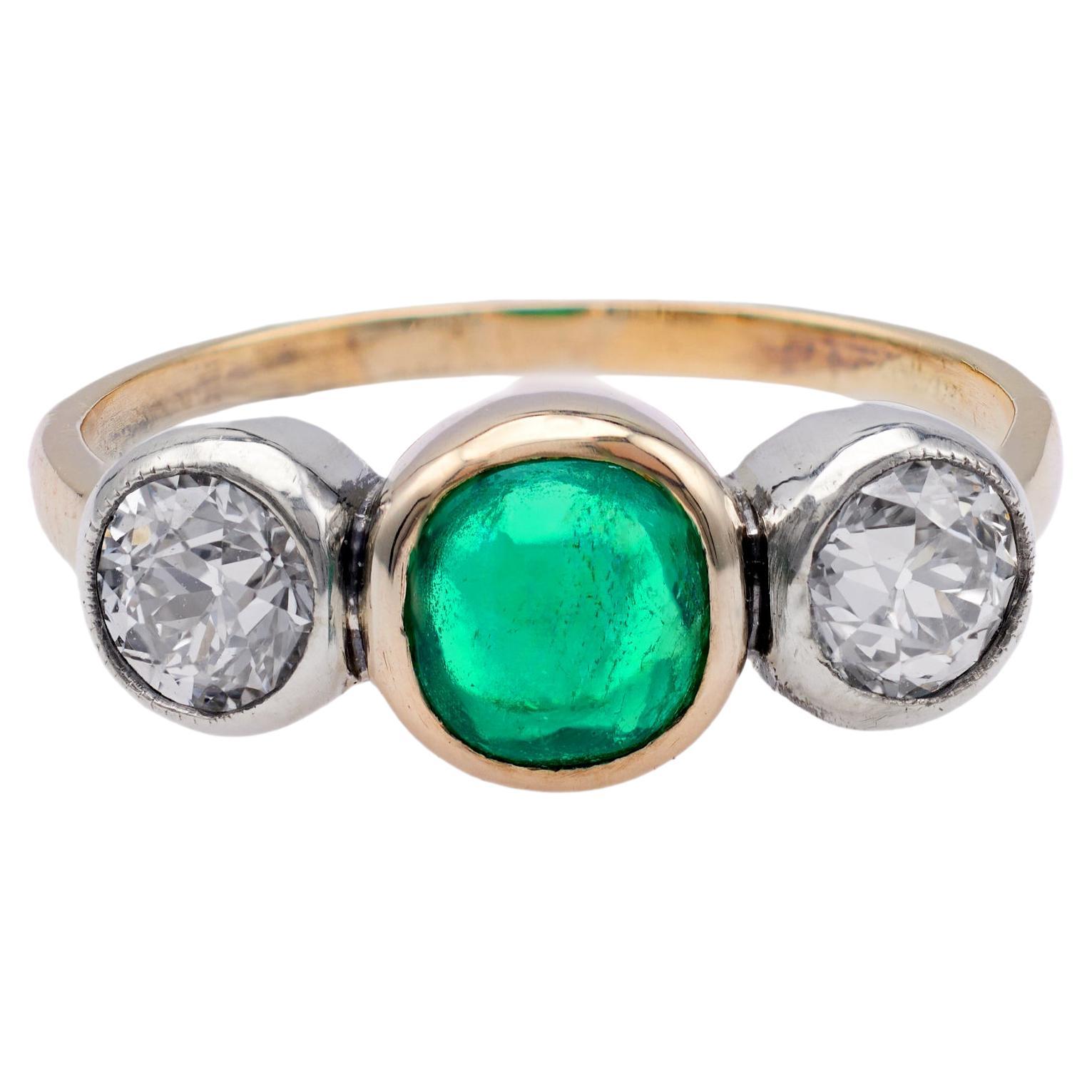 Antiker Smaragd-Diamant-Ring aus 14k Gelbgold und Silber mit drei Steinen im Angebot