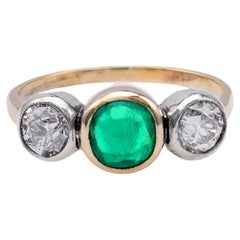 Antique Emerald Diamond 14k Yellow Gold Silver Three Stone Ring