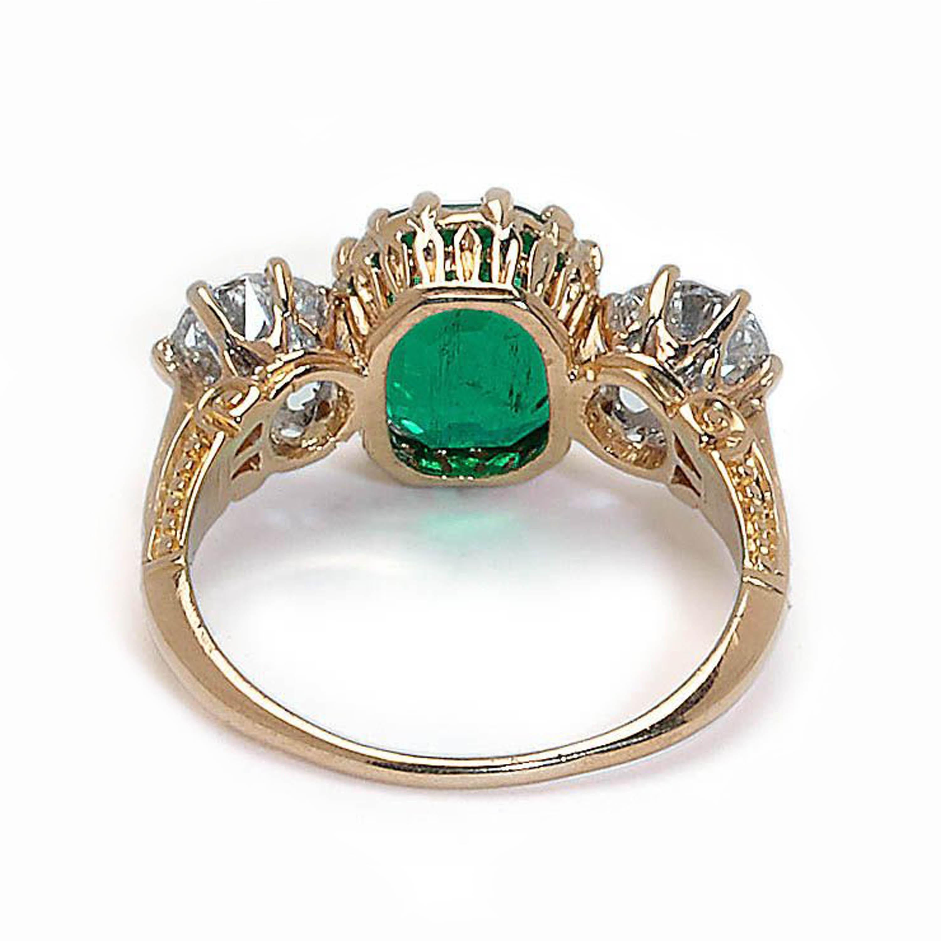 Edwardian Antique Emerald, Diamond and Gold Three Stone Ring, circa 1900