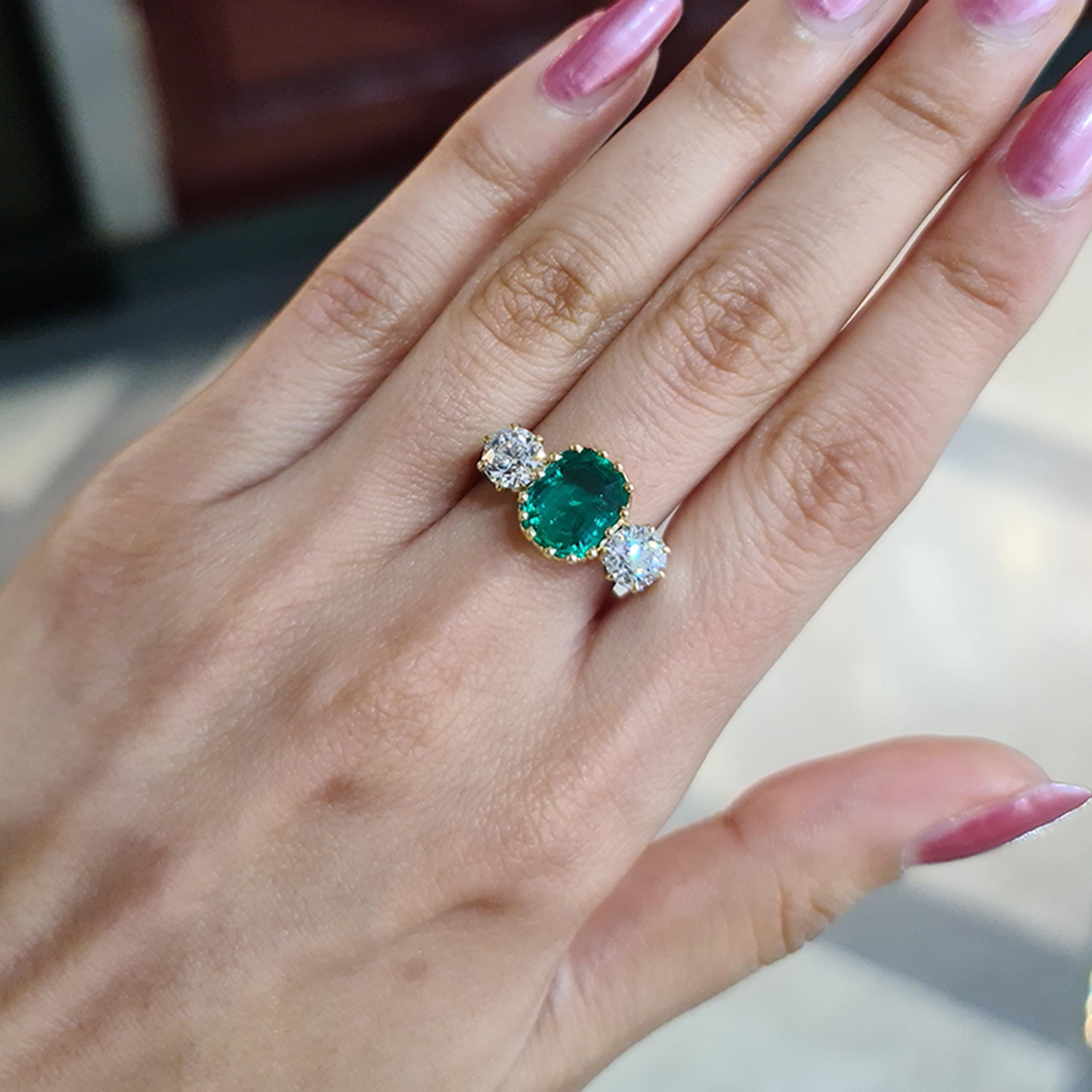Emerald Cut Antique Emerald, Diamond and Gold Three Stone Ring, circa 1900