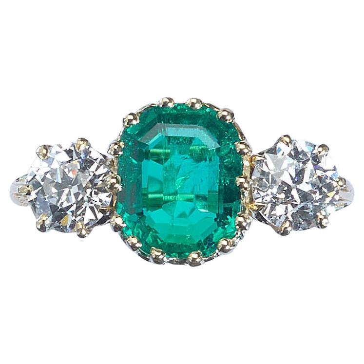 Antique Emerald, Diamond and Gold Three Stone Ring, circa 1900