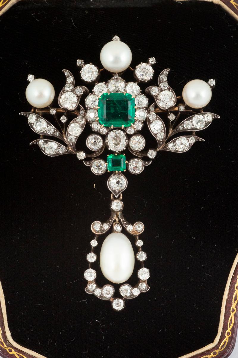 High Victorian Antique Emerald Diamond and Natural Pearl Pendant Brooch English, circa 1865