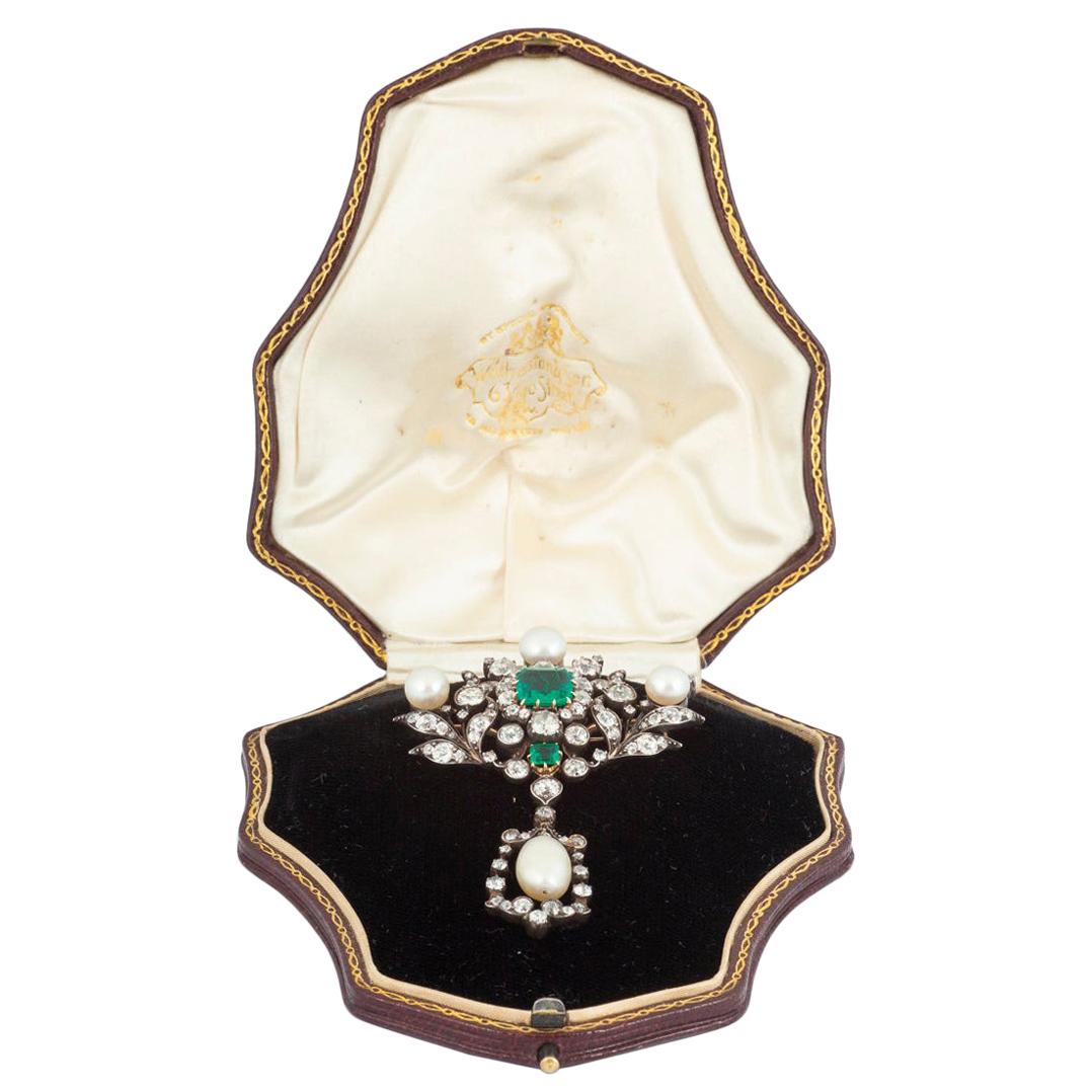 Antique Emerald Diamond and Natural Pearl Pendant Brooch English, circa 1865