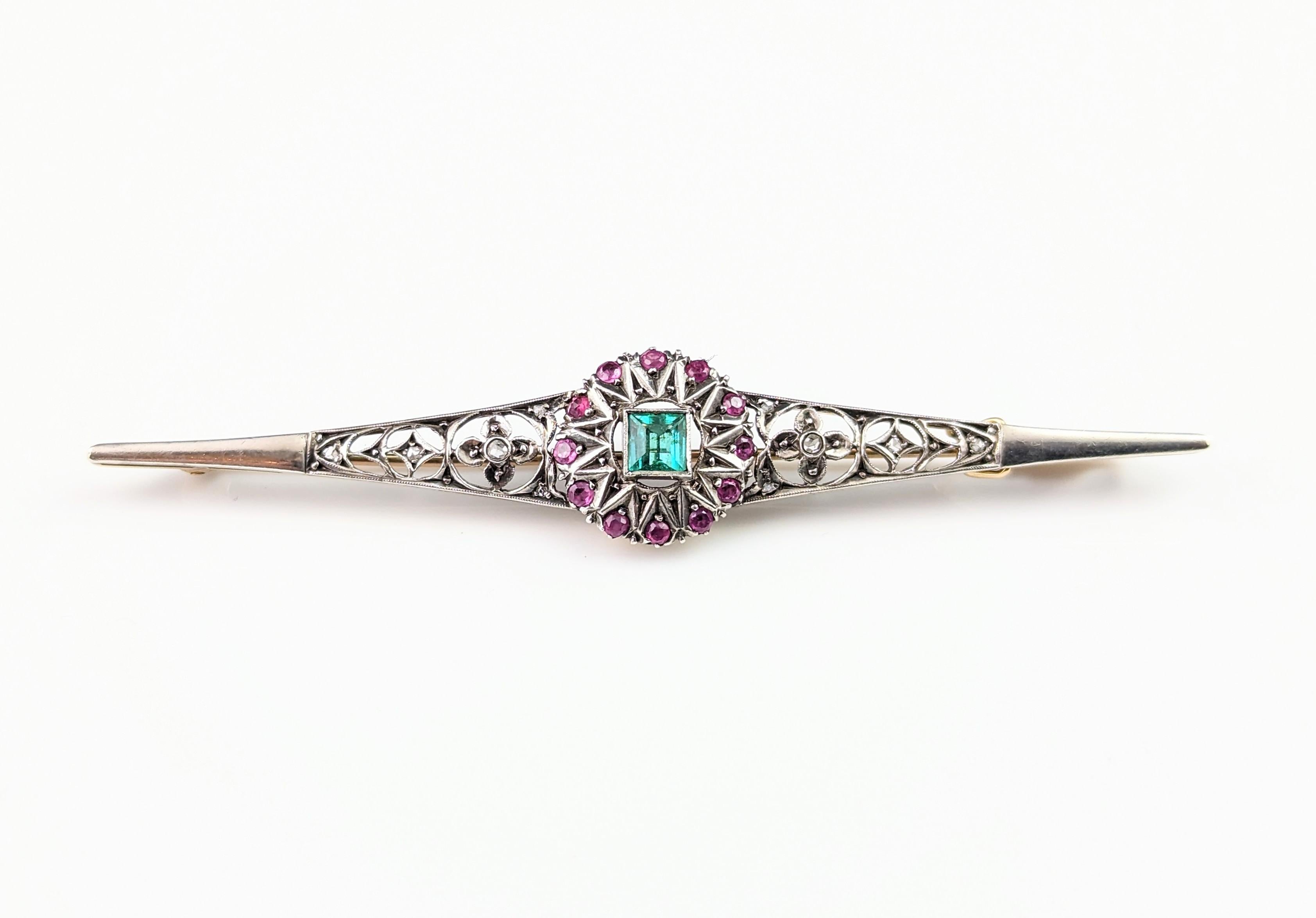 Antique Emerald, Diamond and Ruby brooch, Sterling silver and 9lt gold  For Sale 10