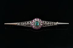 Antique Emerald, Diamond and Ruby brooch, Sterling silver and 9lt gold