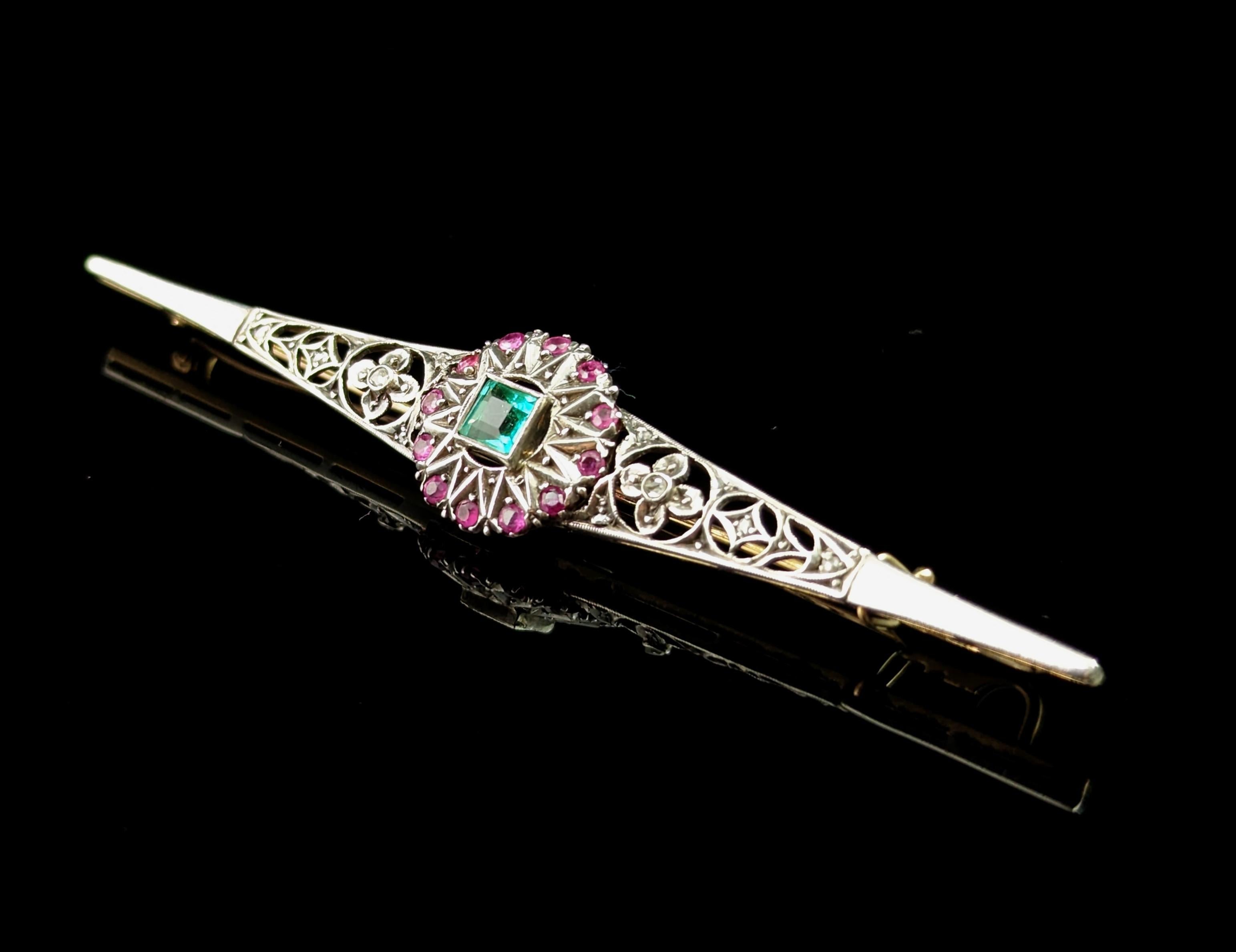 Art Nouveau Antique Emerald, Diamond and Ruby brooch, Sterling silver and 9lt gold  For Sale