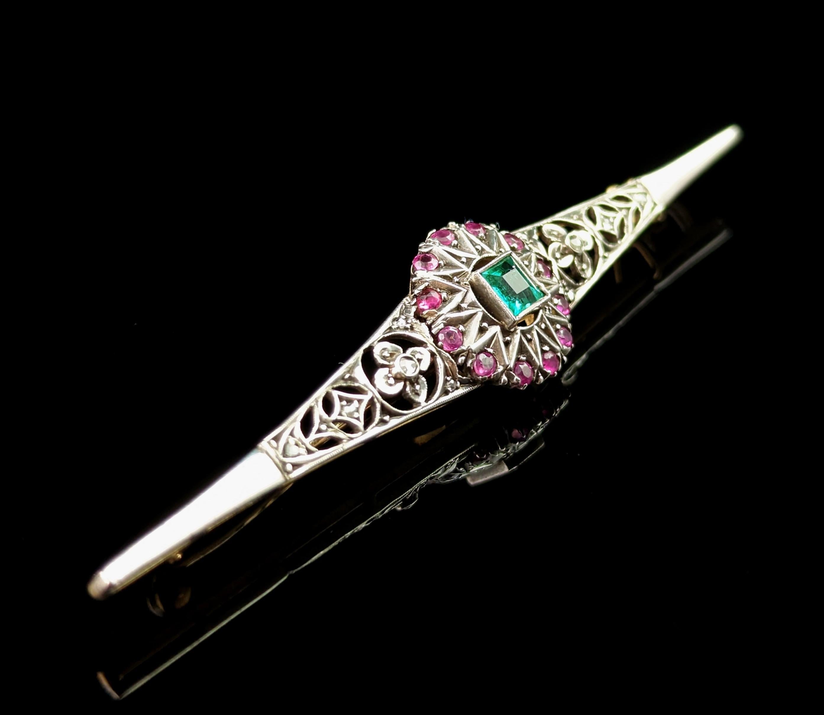 Emerald Cut Antique Emerald, Diamond and Ruby brooch, Sterling silver and 9lt gold  For Sale