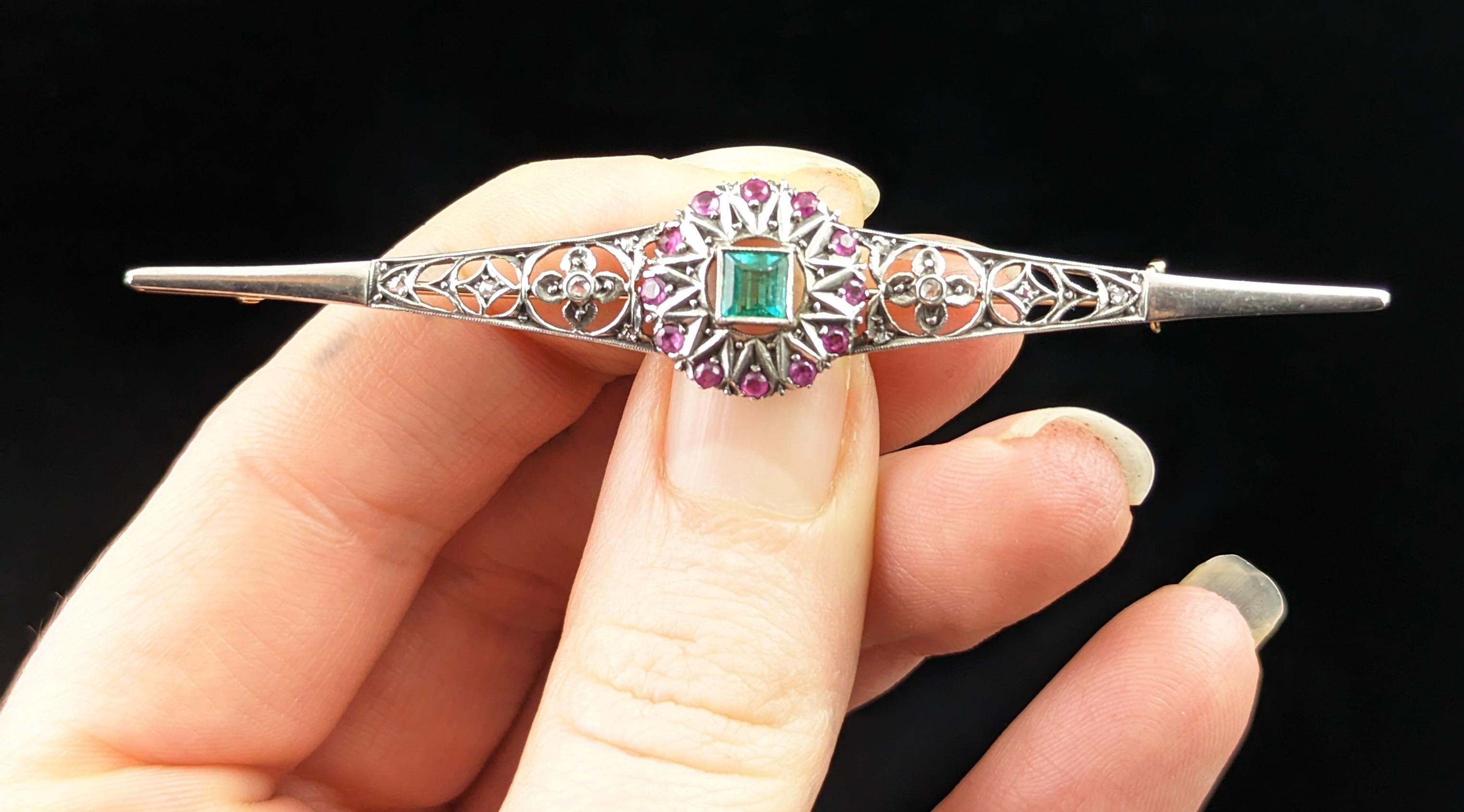 Women's or Men's Antique Emerald, Diamond and Ruby brooch, Sterling silver and 9lt gold  For Sale
