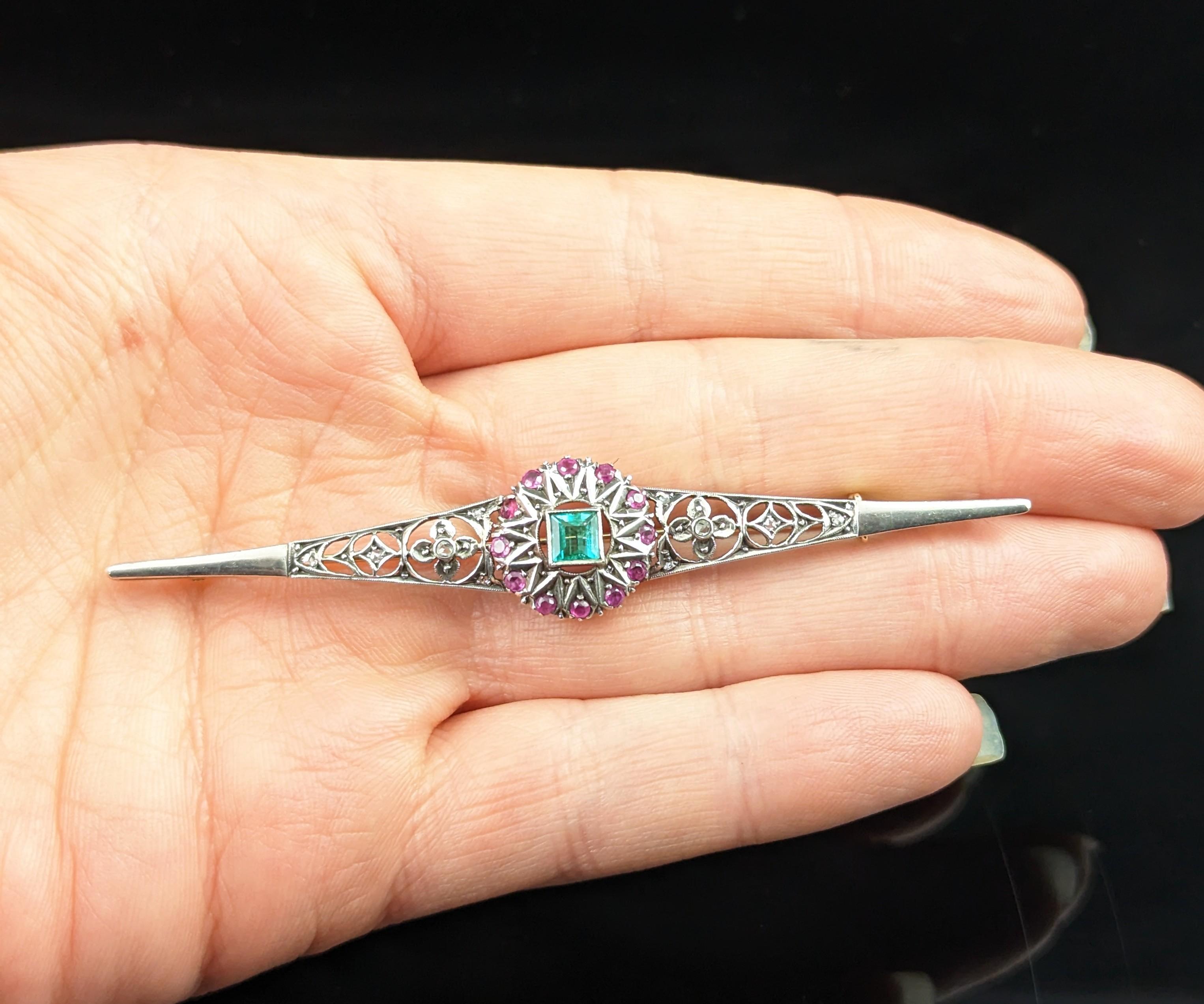Antique Emerald, Diamond and Ruby brooch, Sterling silver and 9lt gold  For Sale 1