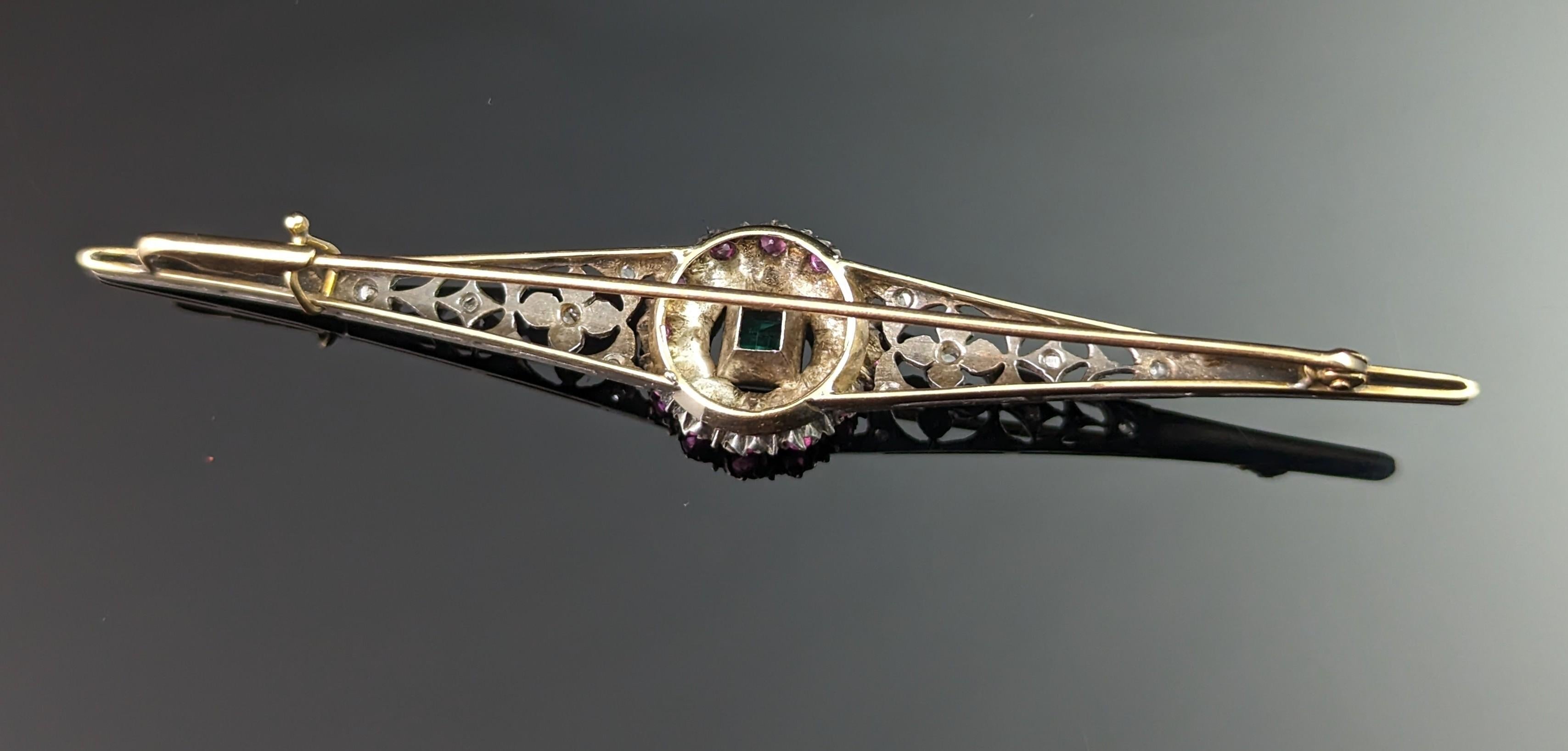 Antique Emerald, Diamond and Ruby brooch, Sterling silver and 9lt gold  For Sale 2