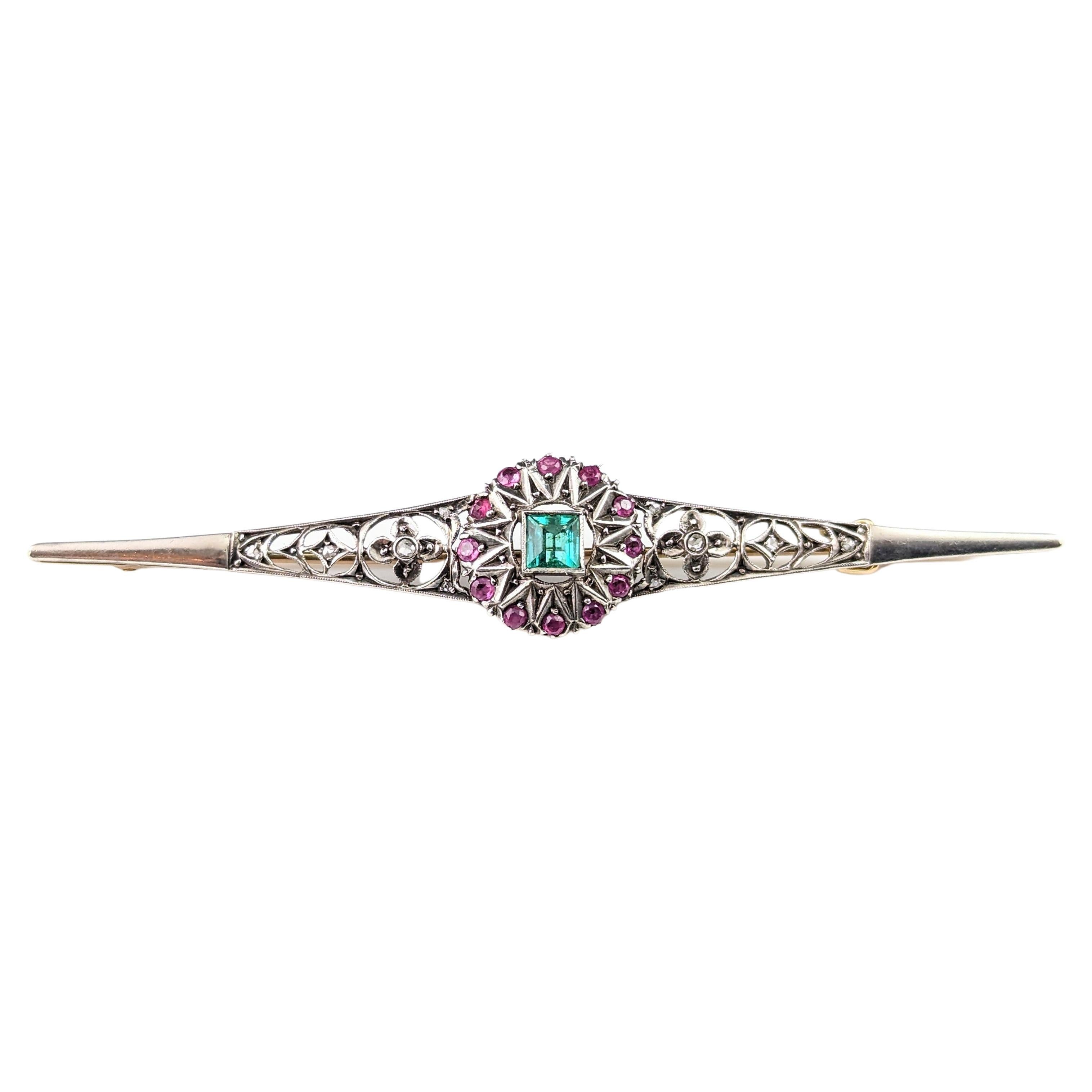 Antique Emerald, Diamond and Ruby brooch, Sterling silver and 9lt gold  For Sale