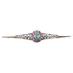 Antique Emerald, Diamond and Ruby brooch, Sterling silver and 9lt gold 