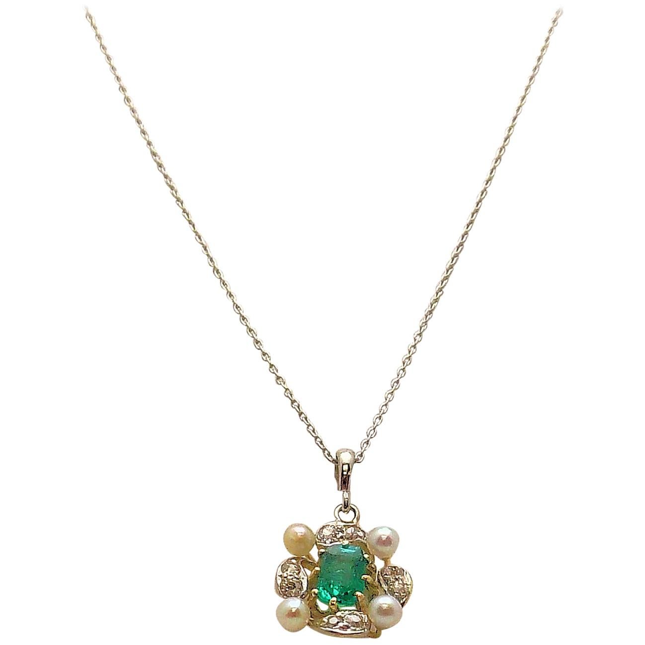 Antique Emerald, Diamond and Seed Pearl Pendant For Sale