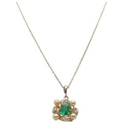 Antique Emerald, Diamond and Seed Pearl Pendant