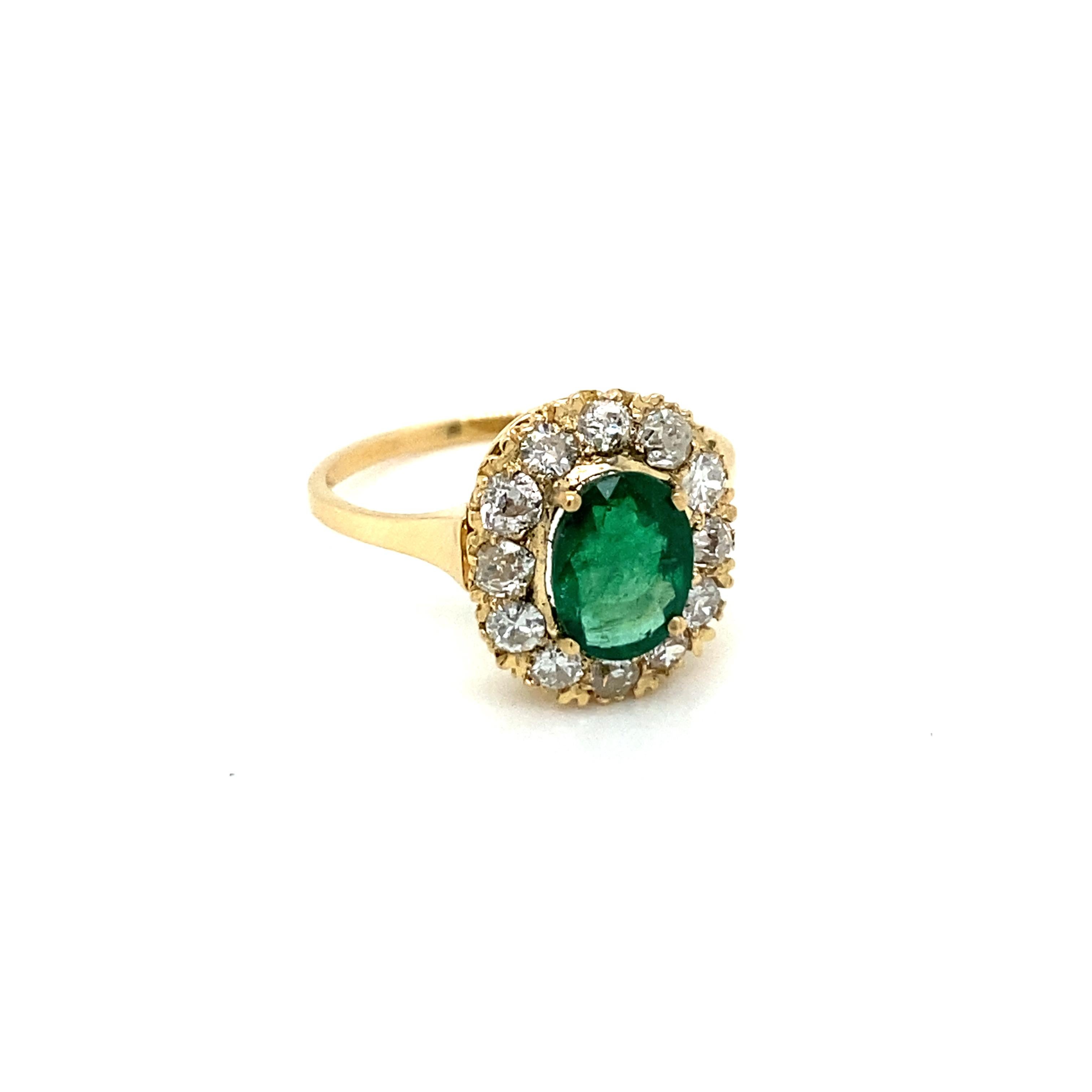 Mixed Cut Antique Emerald Diamond Cluster Ring
