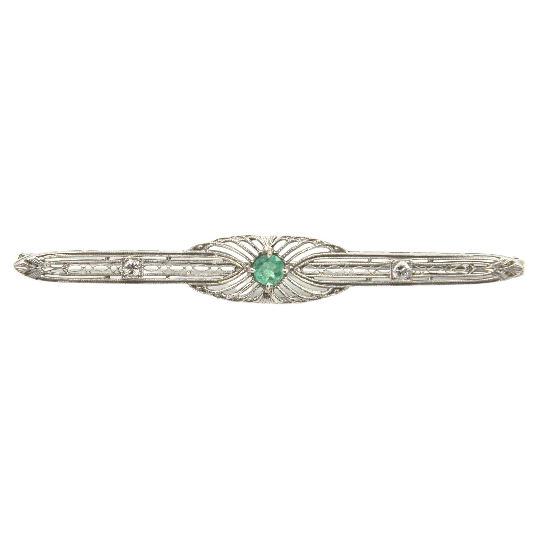 Antique Emerald & Diamond Filagree 18k White Gold Bar Pin Brooch For Sale