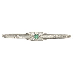 Antique Emerald & Diamond Filagree 18k White Gold Bar Pin Brooch
