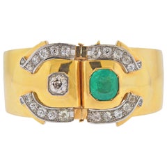 Antique Emerald Diamond Gold Bangle Bracelet