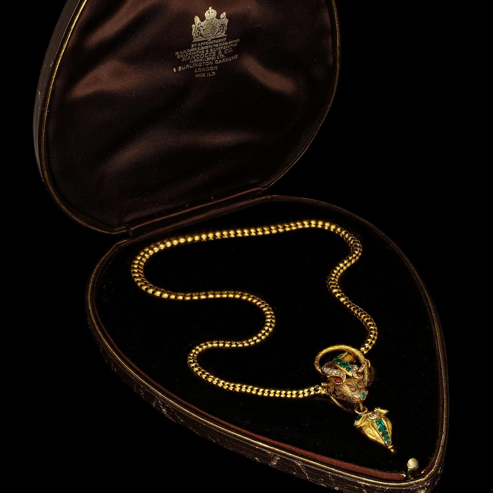 Victorian Antique Emerald, Diamond and Gold Snake Necklace by Hancocks, circa 1870
