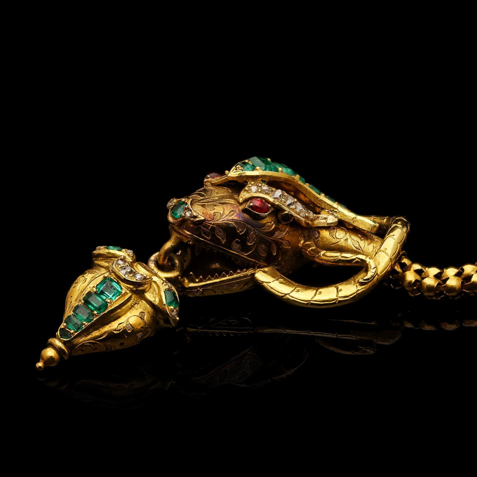 Women's or Men's Antique Emerald, Diamond and Gold Snake Necklace by Hancocks, circa 1870