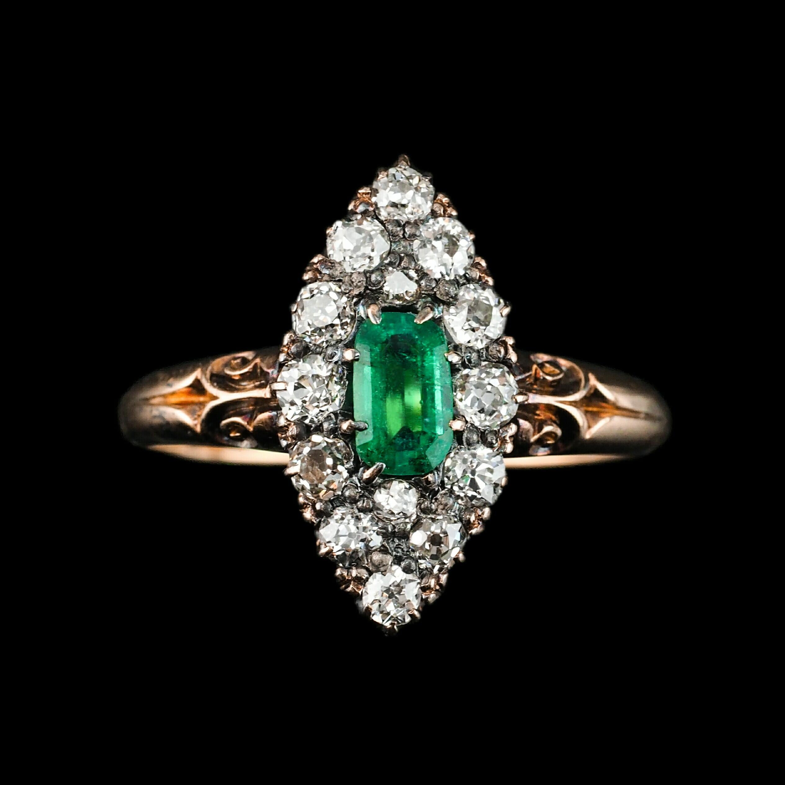 Antique Emerald & Diamond Navette Ring 18K Gold - Victorian c.1880 For Sale 5