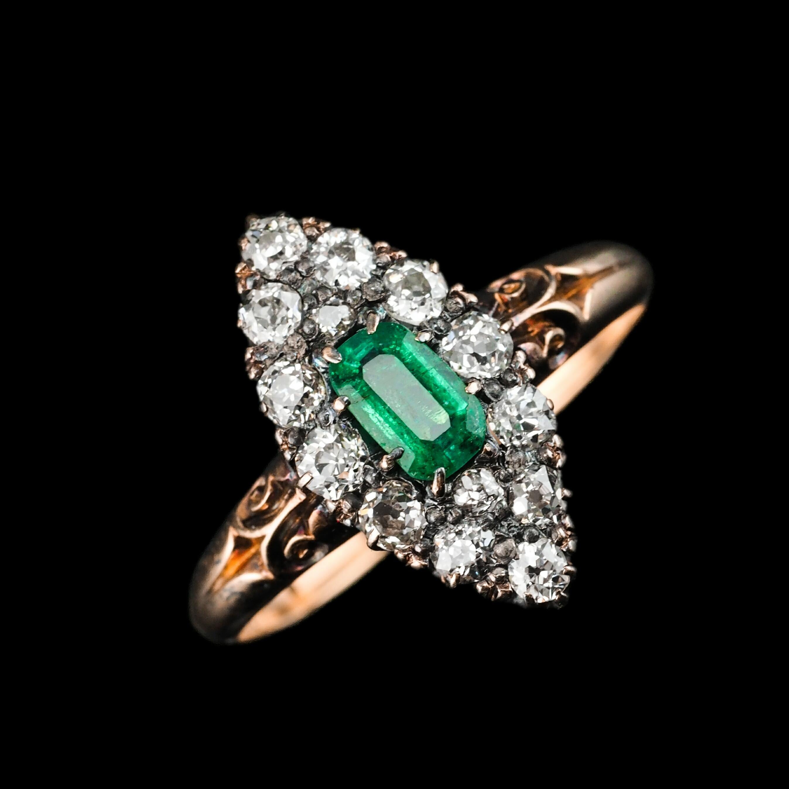 Antique Emerald & Diamond Navette Ring 18K Gold - Victorian c.1880 For Sale 6