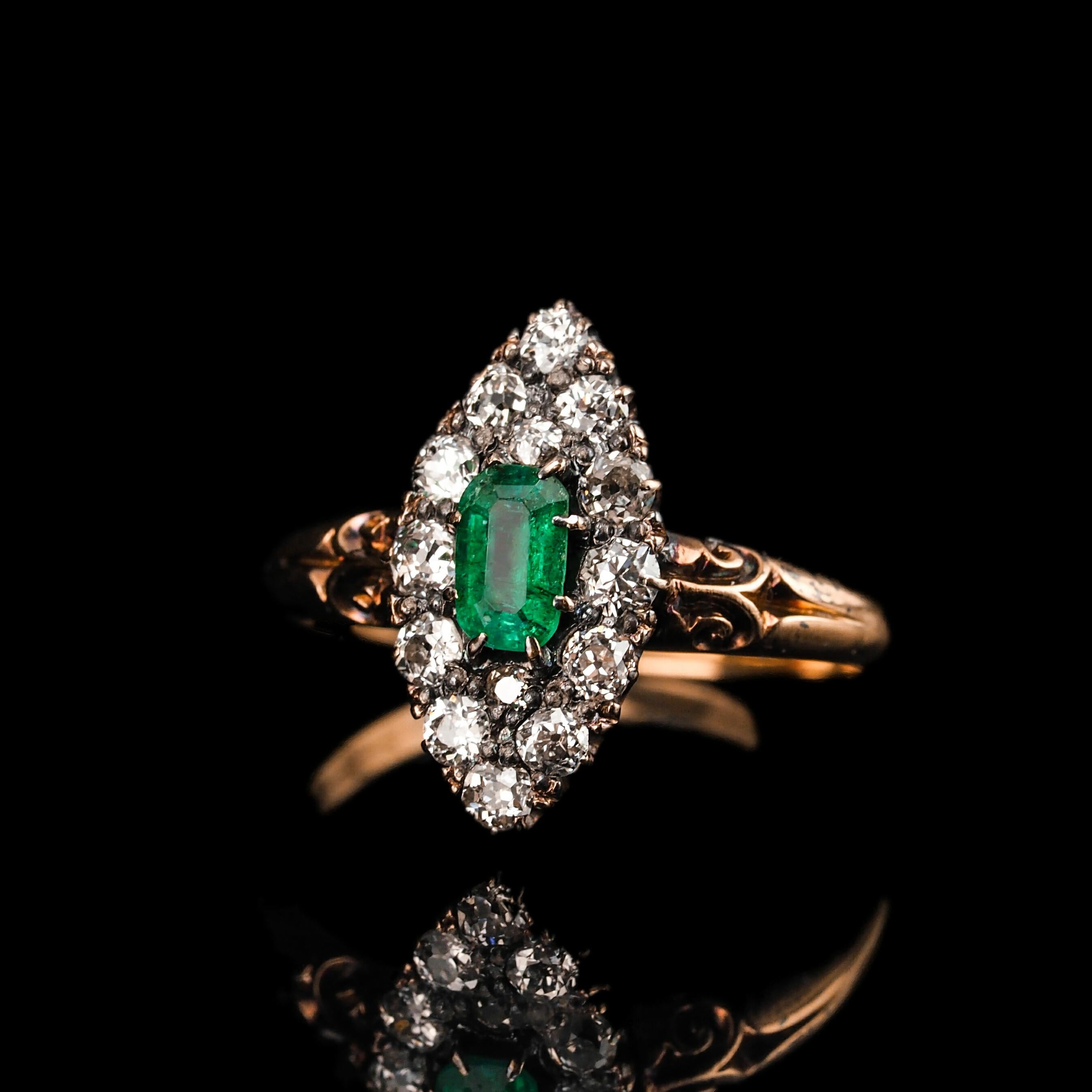 Antique Emerald & Diamond Navette Ring 18K Gold - Victorian c.1880 For Sale 9