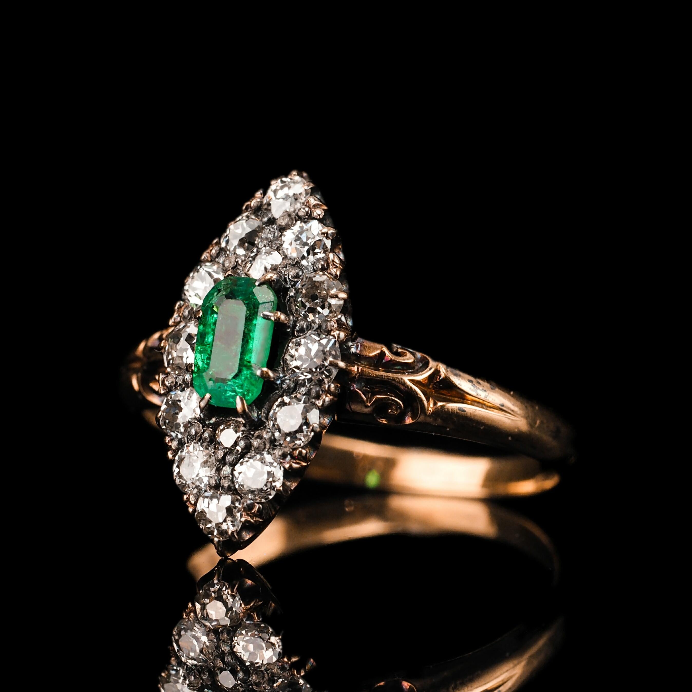 Antique Emerald & Diamond Navette Ring 18K Gold - Victorian c.1880 For Sale 12