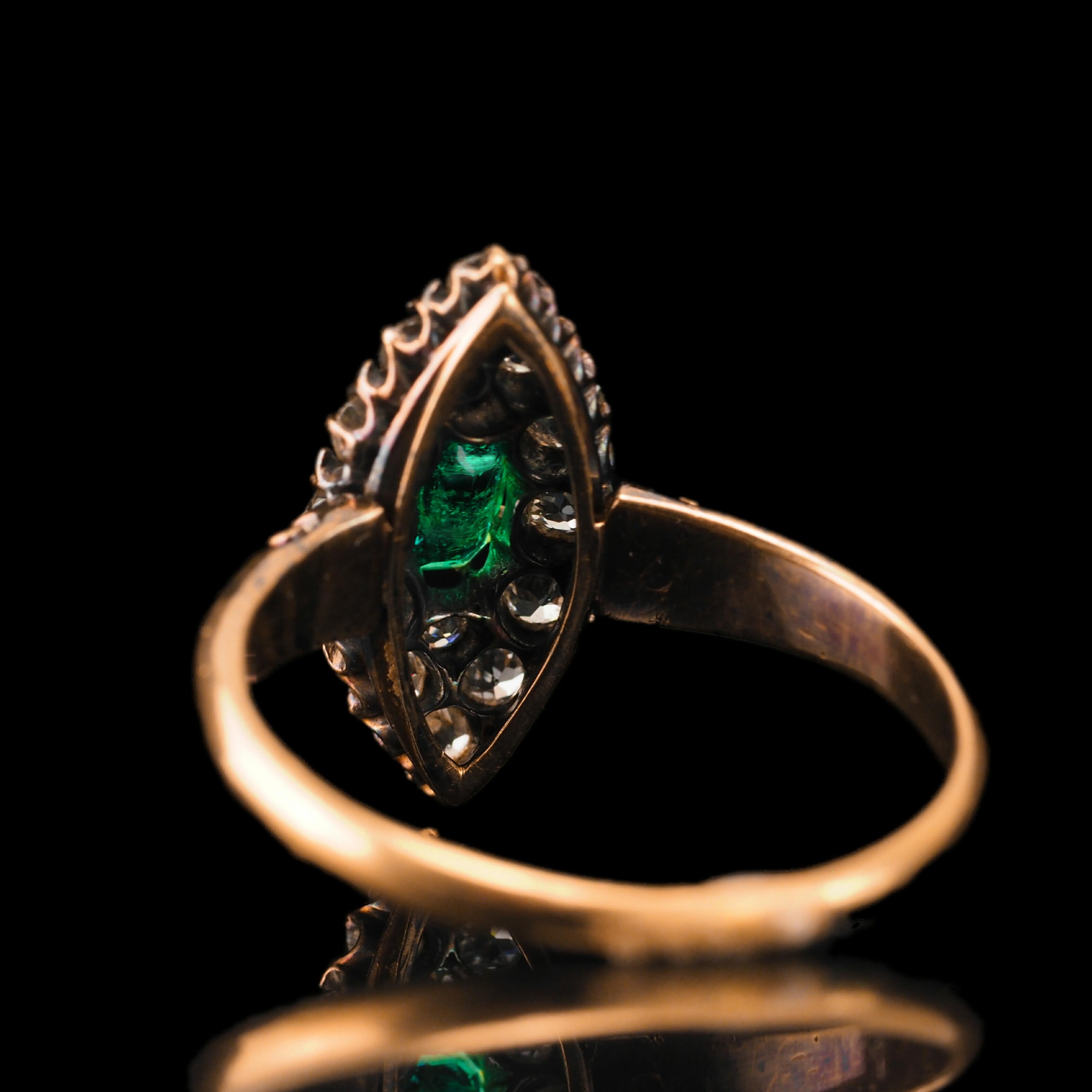 Antique Emerald & Diamond Navette Ring 18K Gold - Victorian c.1880 For Sale 13