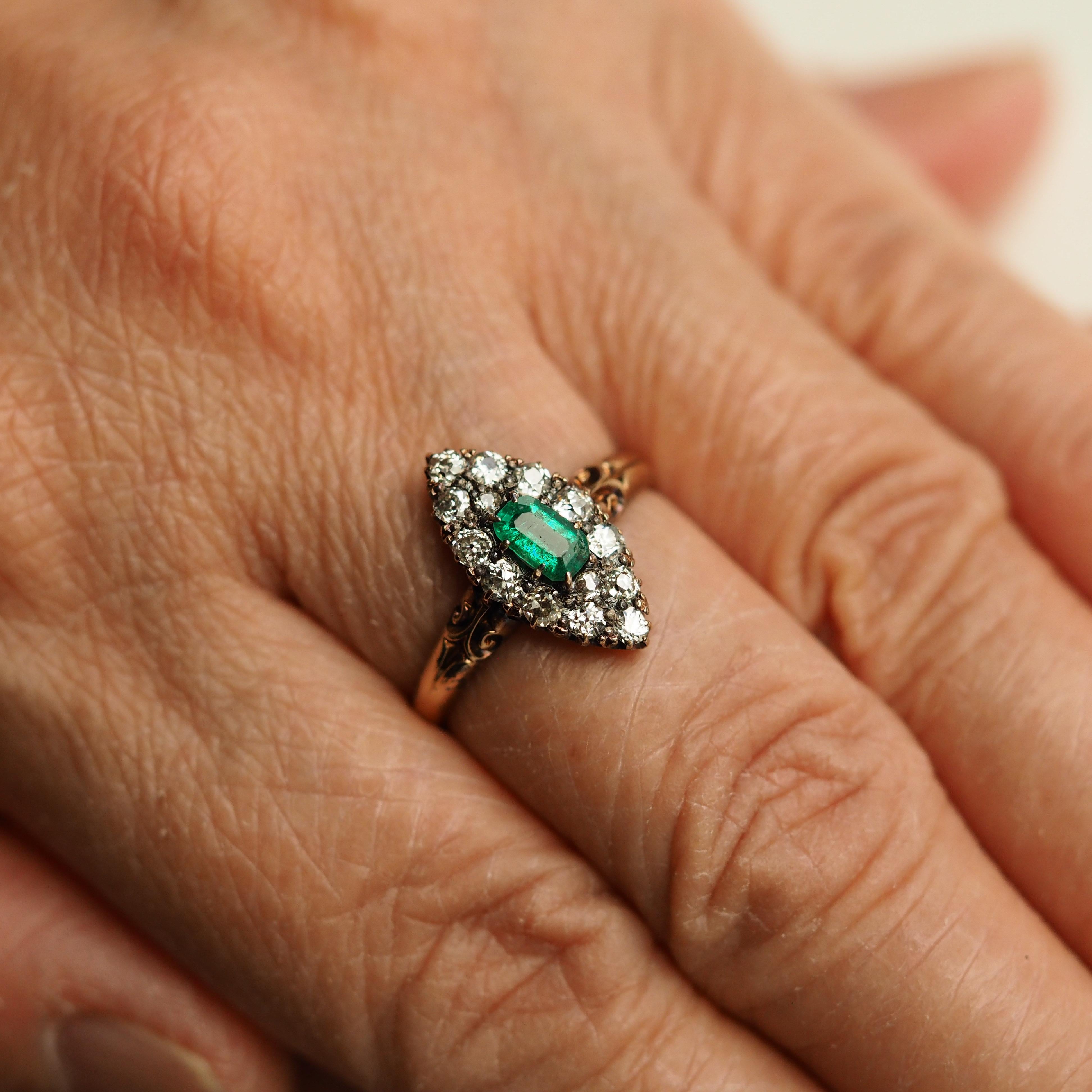 Emerald Cut Antique Emerald & Diamond Navette Ring 18K Gold - Victorian c.1880 For Sale